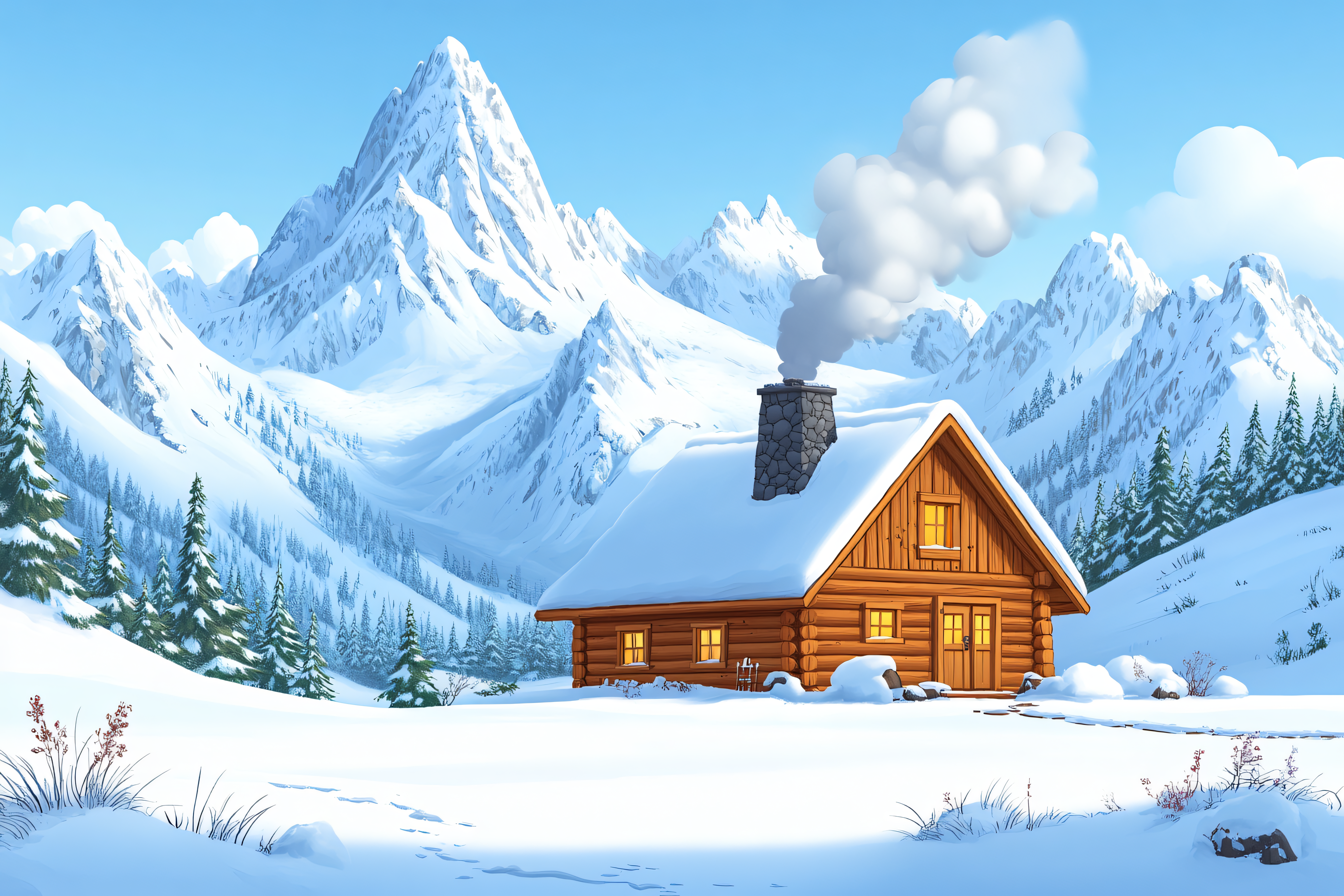 Cozy Cabin in a Snowy Mountain Landscape