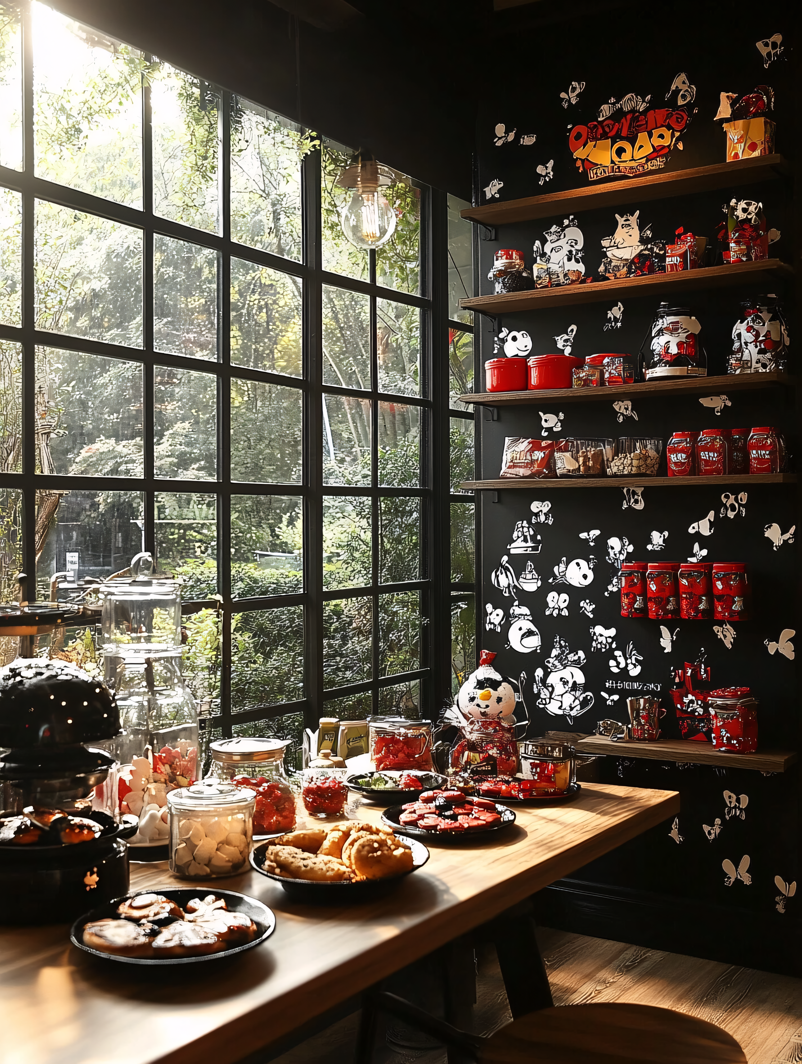 Cozy Cafe Interior With Food And Shelves
