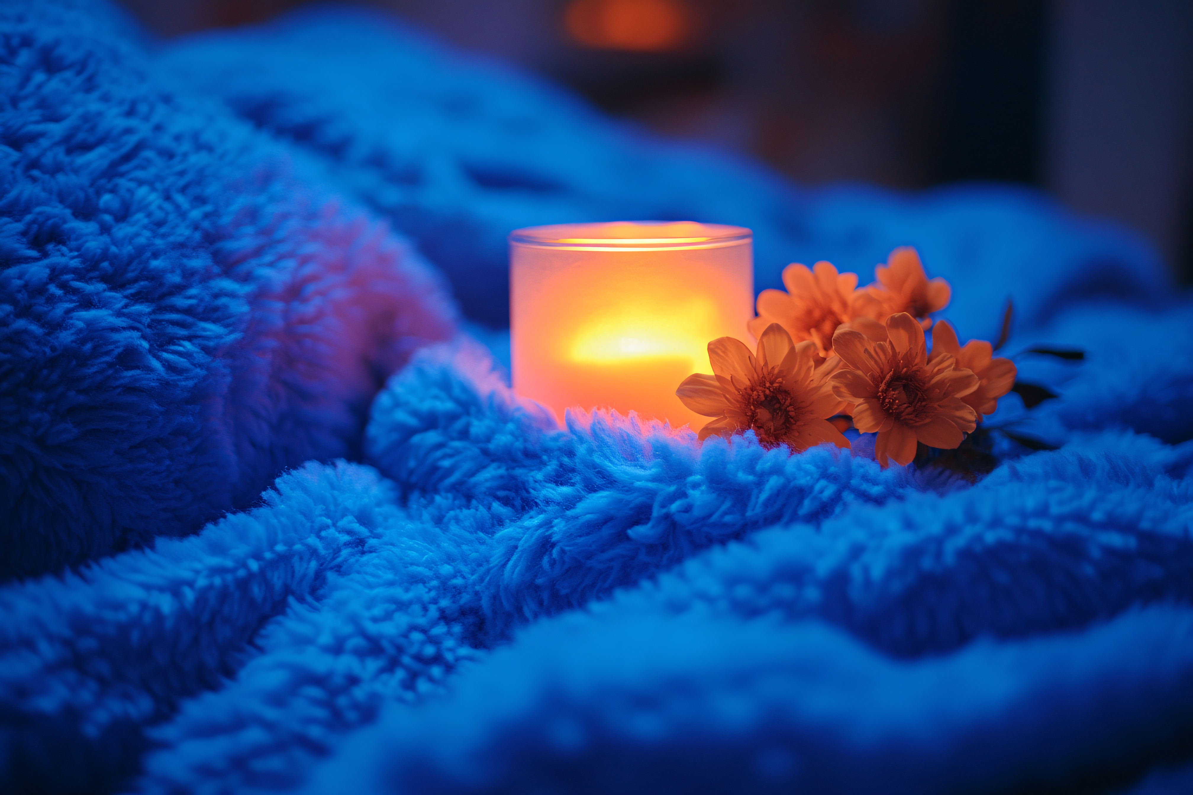 Cozy Candlelight and Orange Daisies