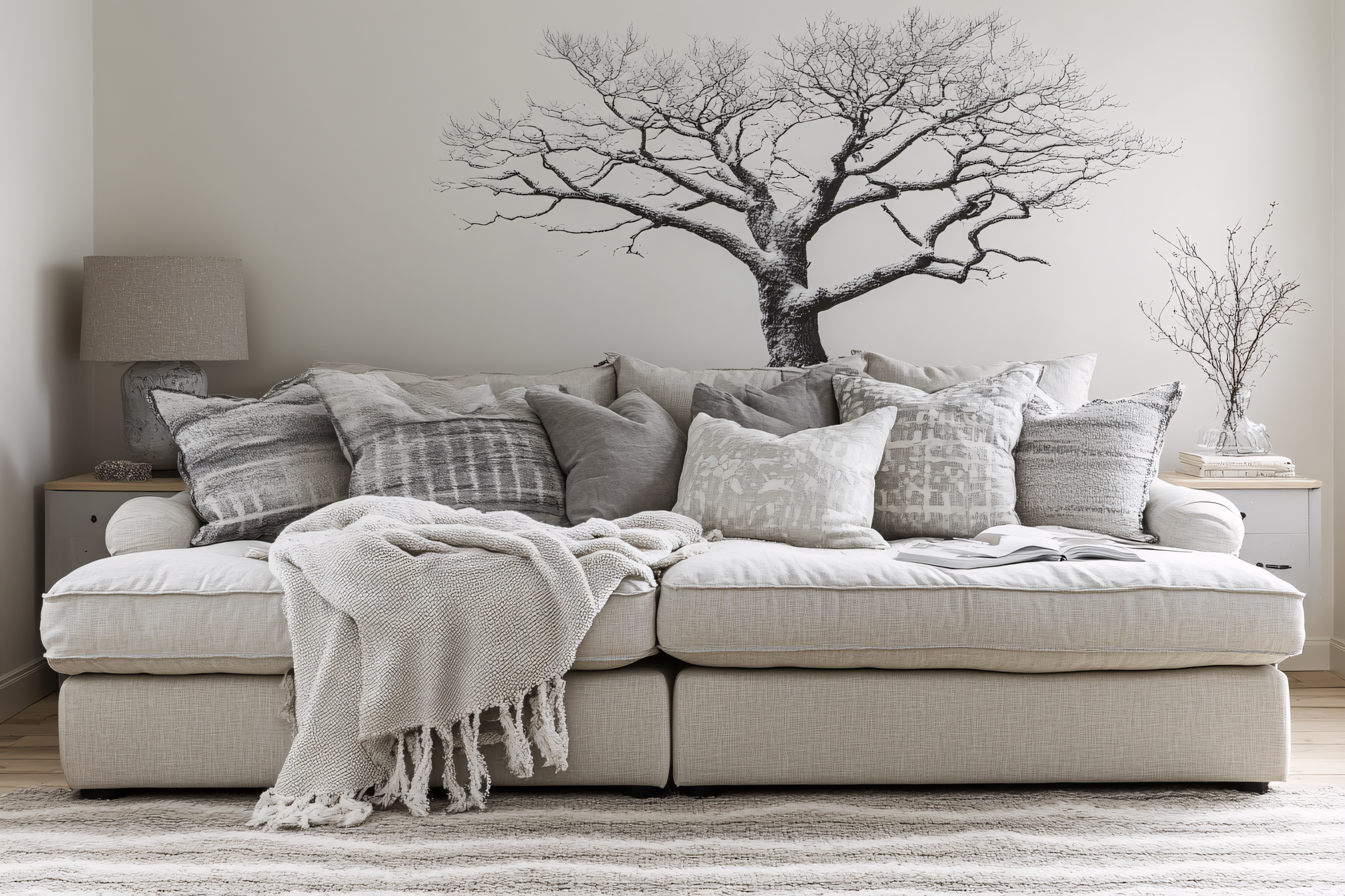 Cozy Living Room Interior with Tree Wall Decal