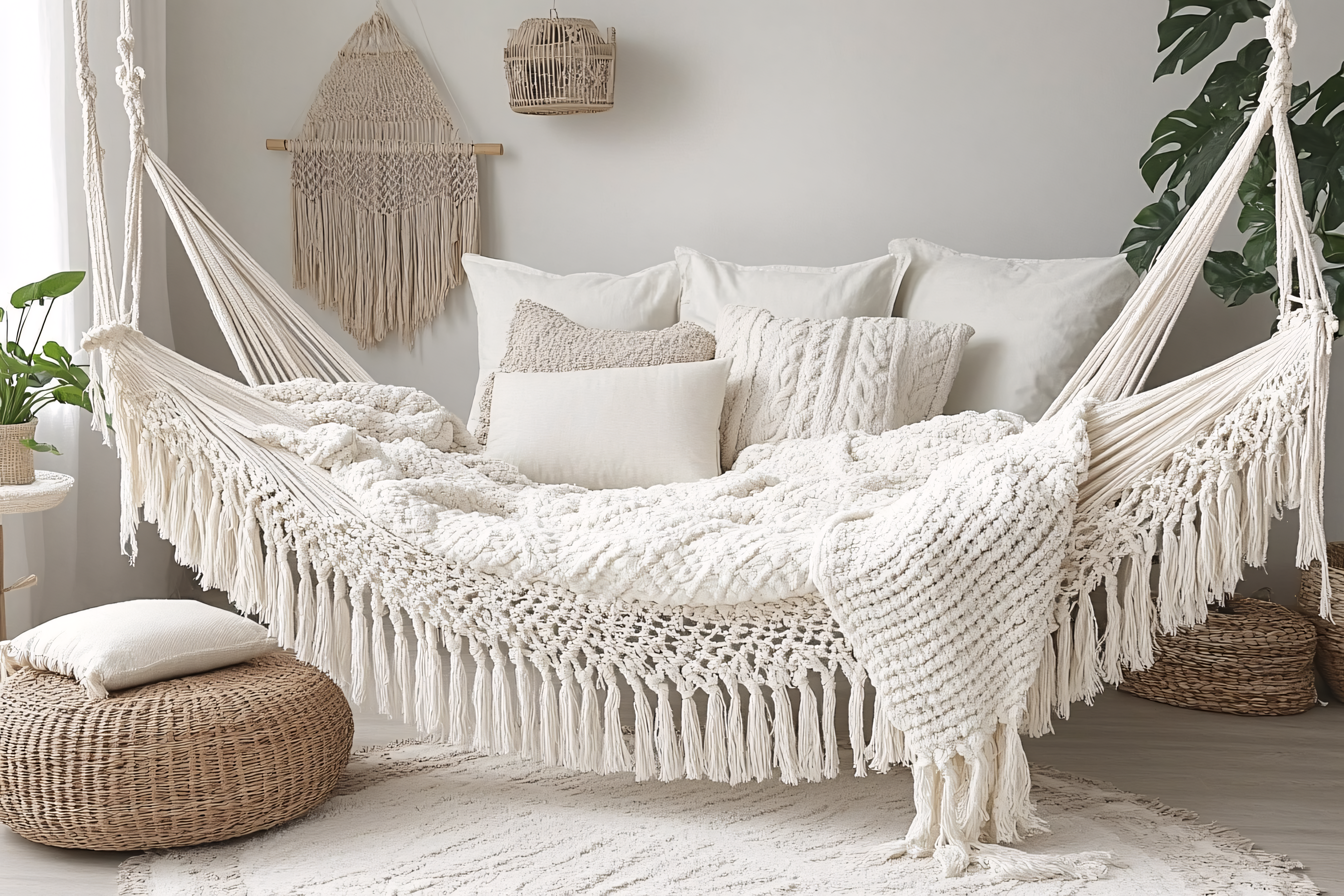 Cozy Macrame Hammock Chair With Cushions And Blanket