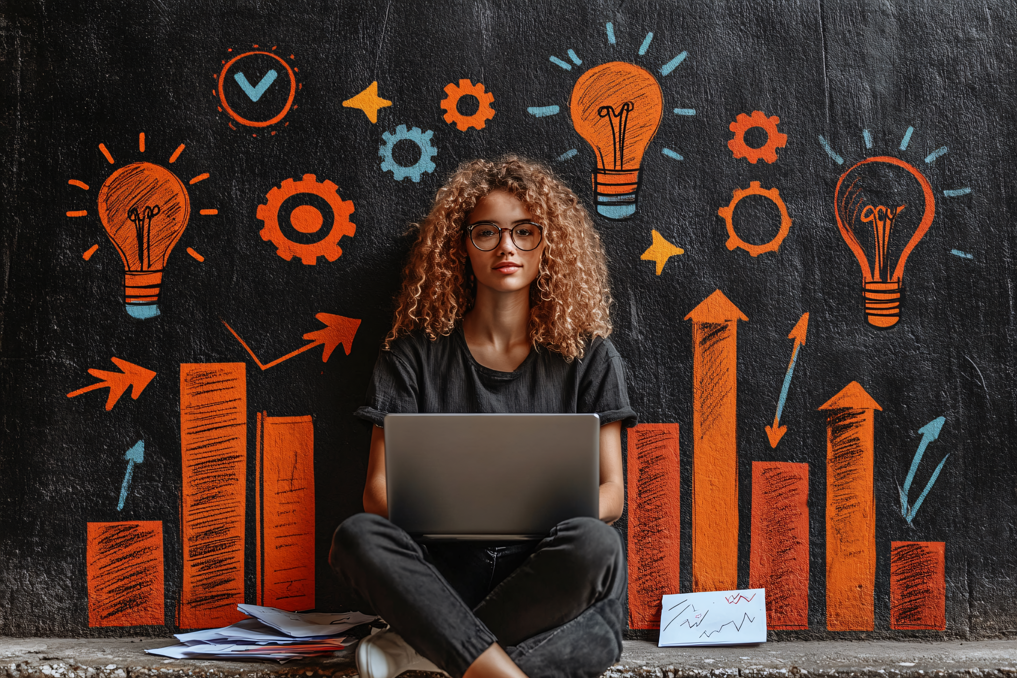 Creative Woman Working on Laptop With Chalkboard Background