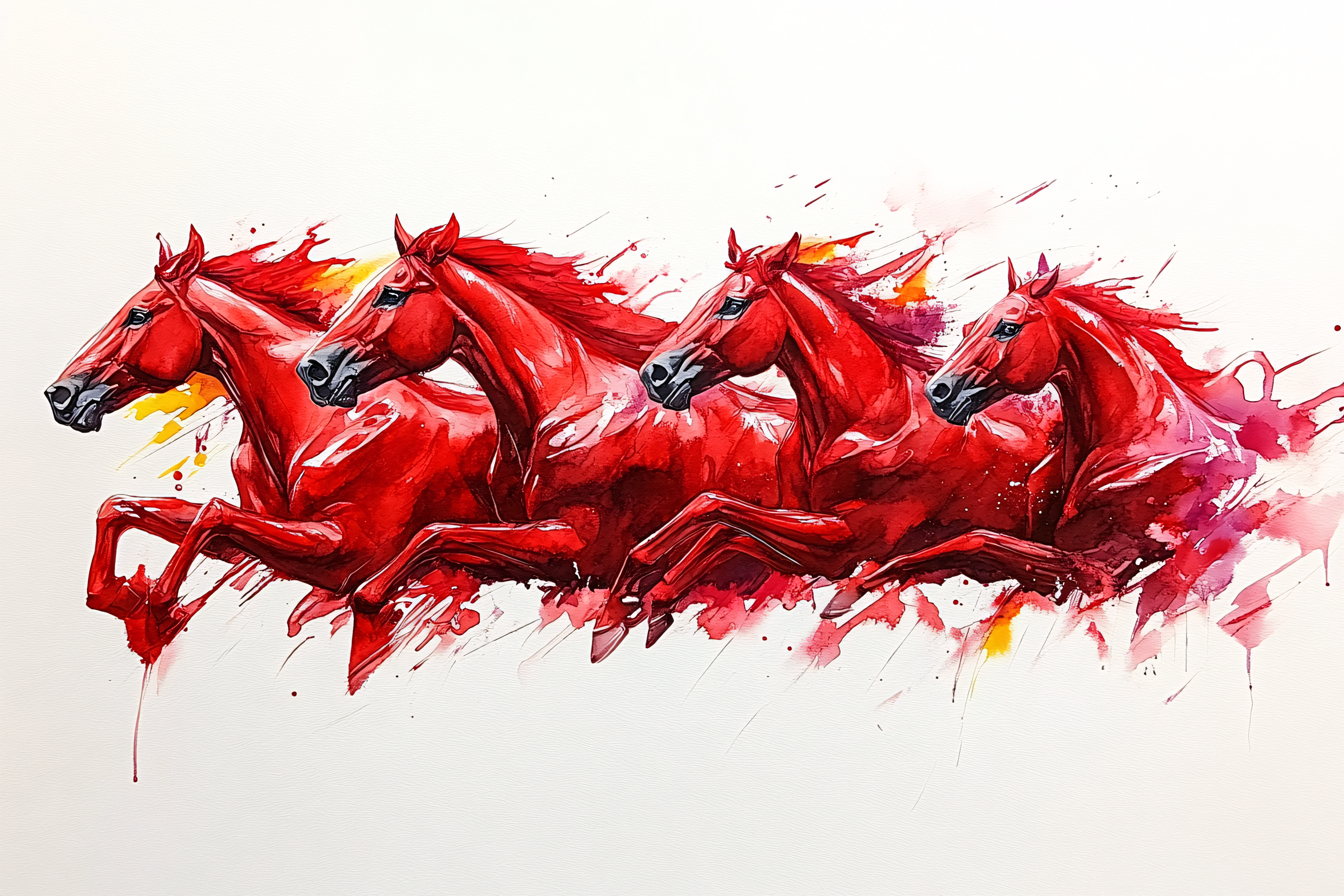 Crimson Gallop: A Quartet of Horses in Watercolor