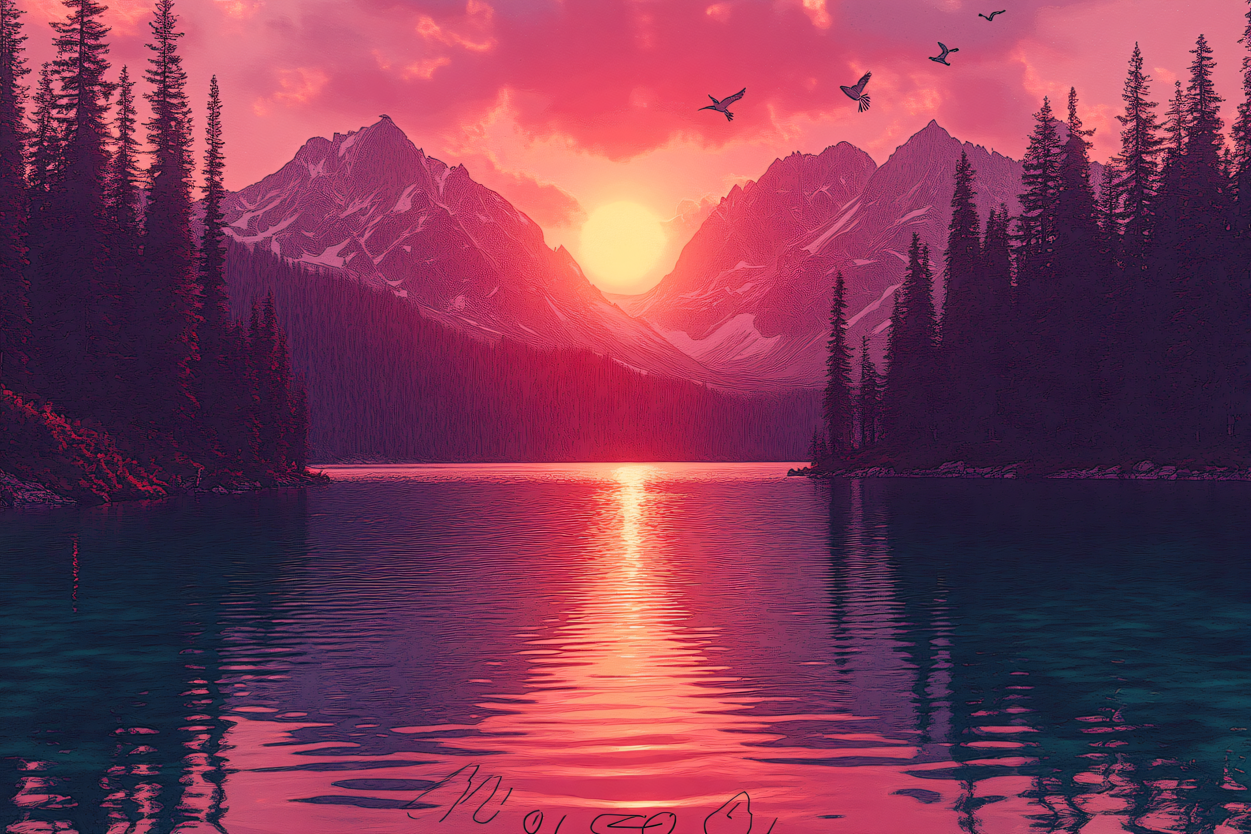 Crimson Mountain Lake at Sunset