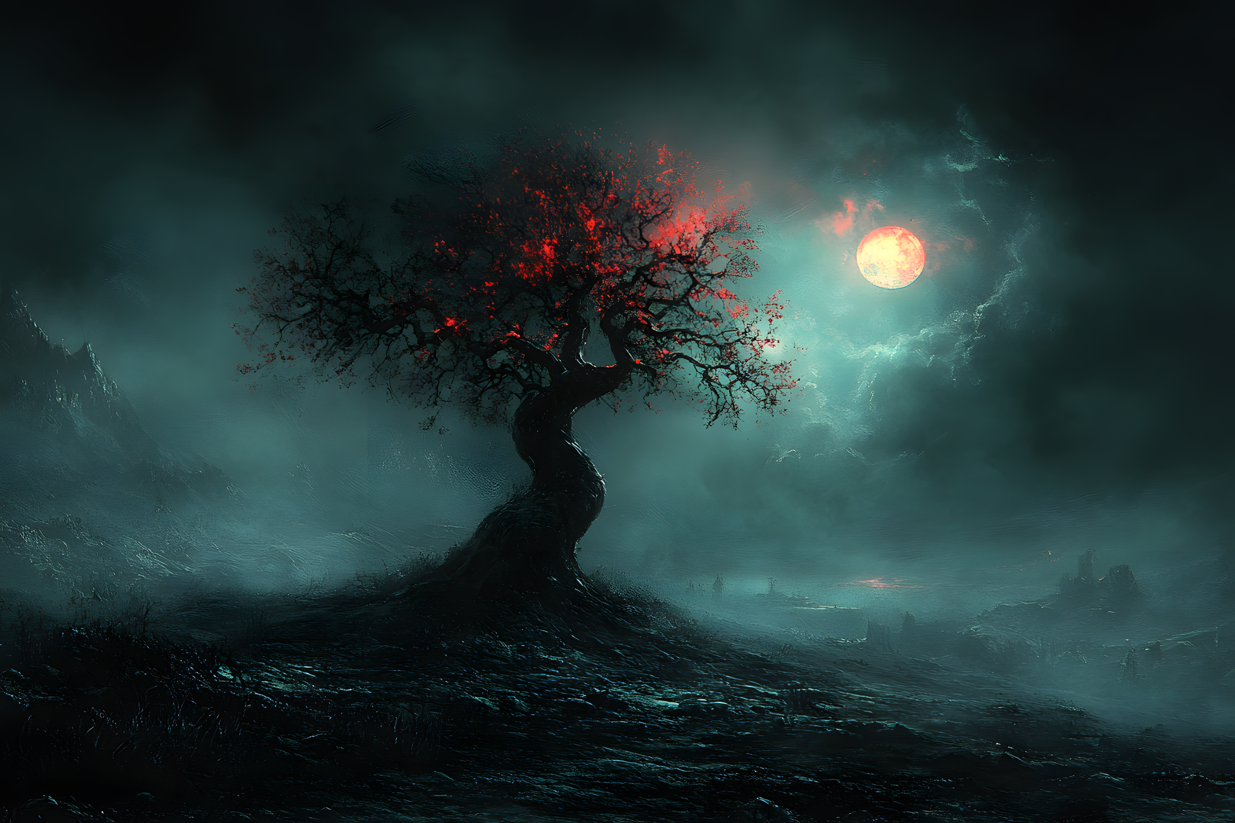 Crimson Tree Under Moonlight