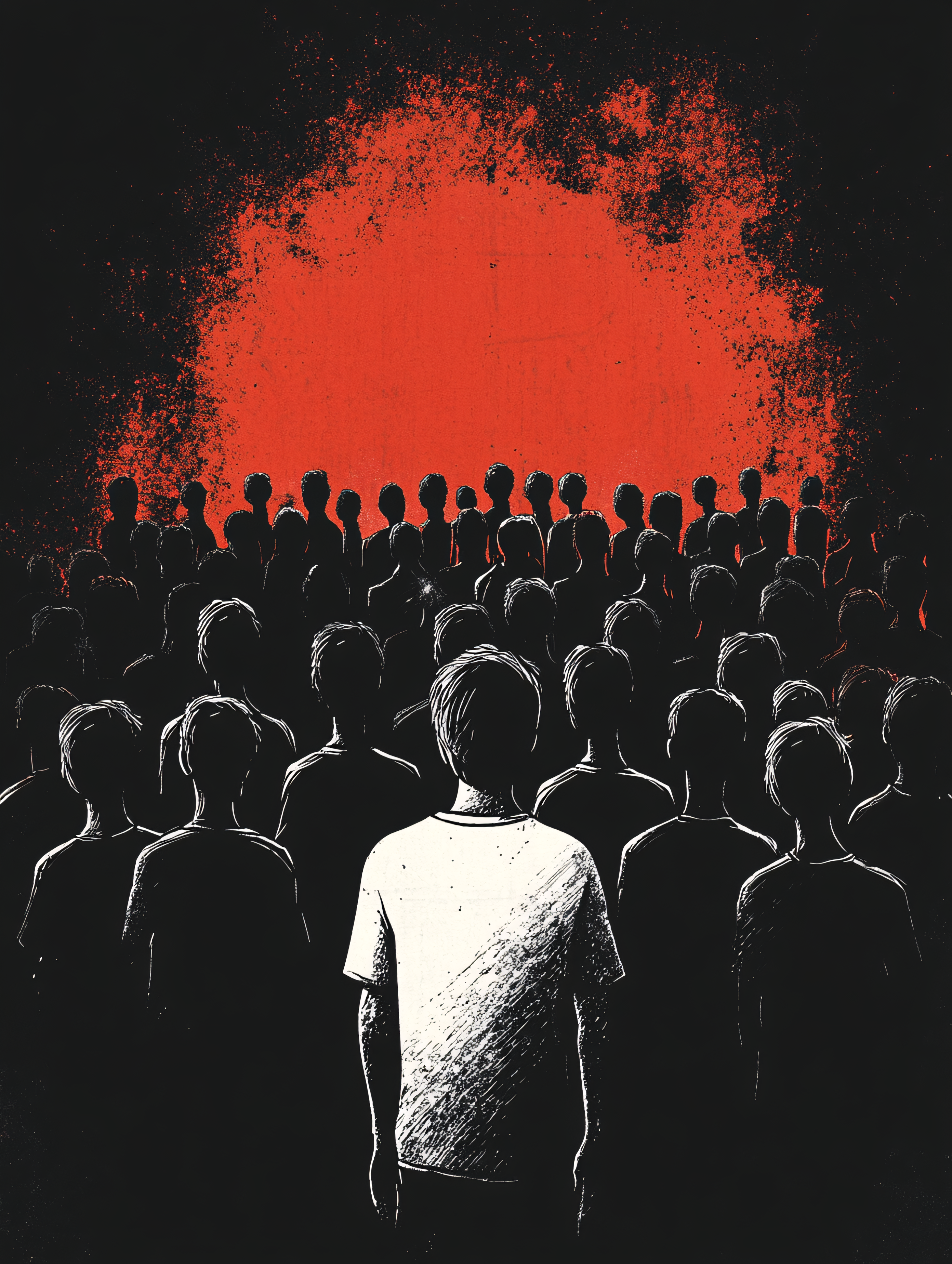 Crowd Confronting a Threatening Red Void