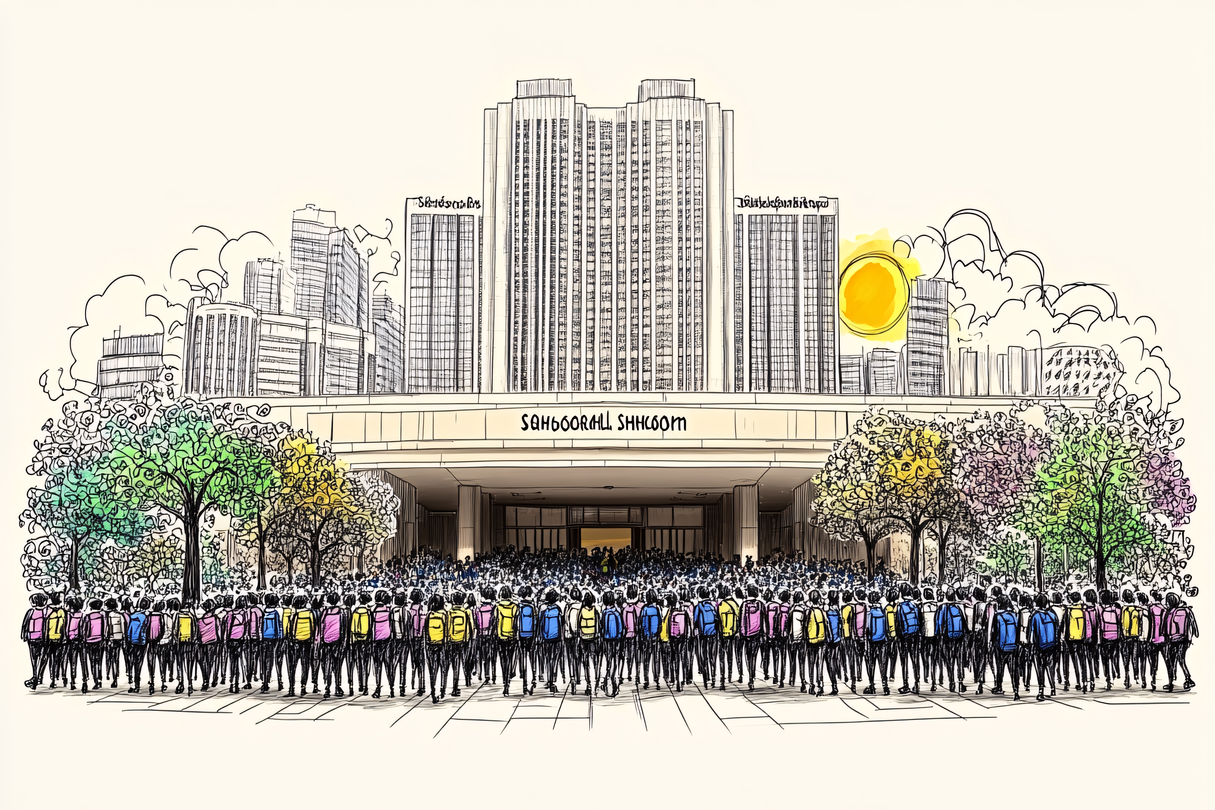 Crowd Gathering at a Modern Building