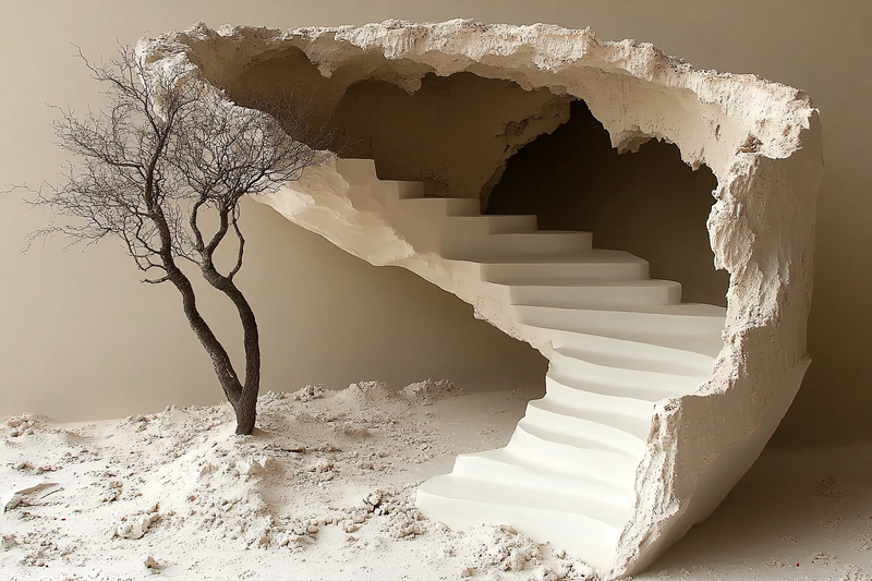 Curving White Stairs In Beige Cave With Bare Tree