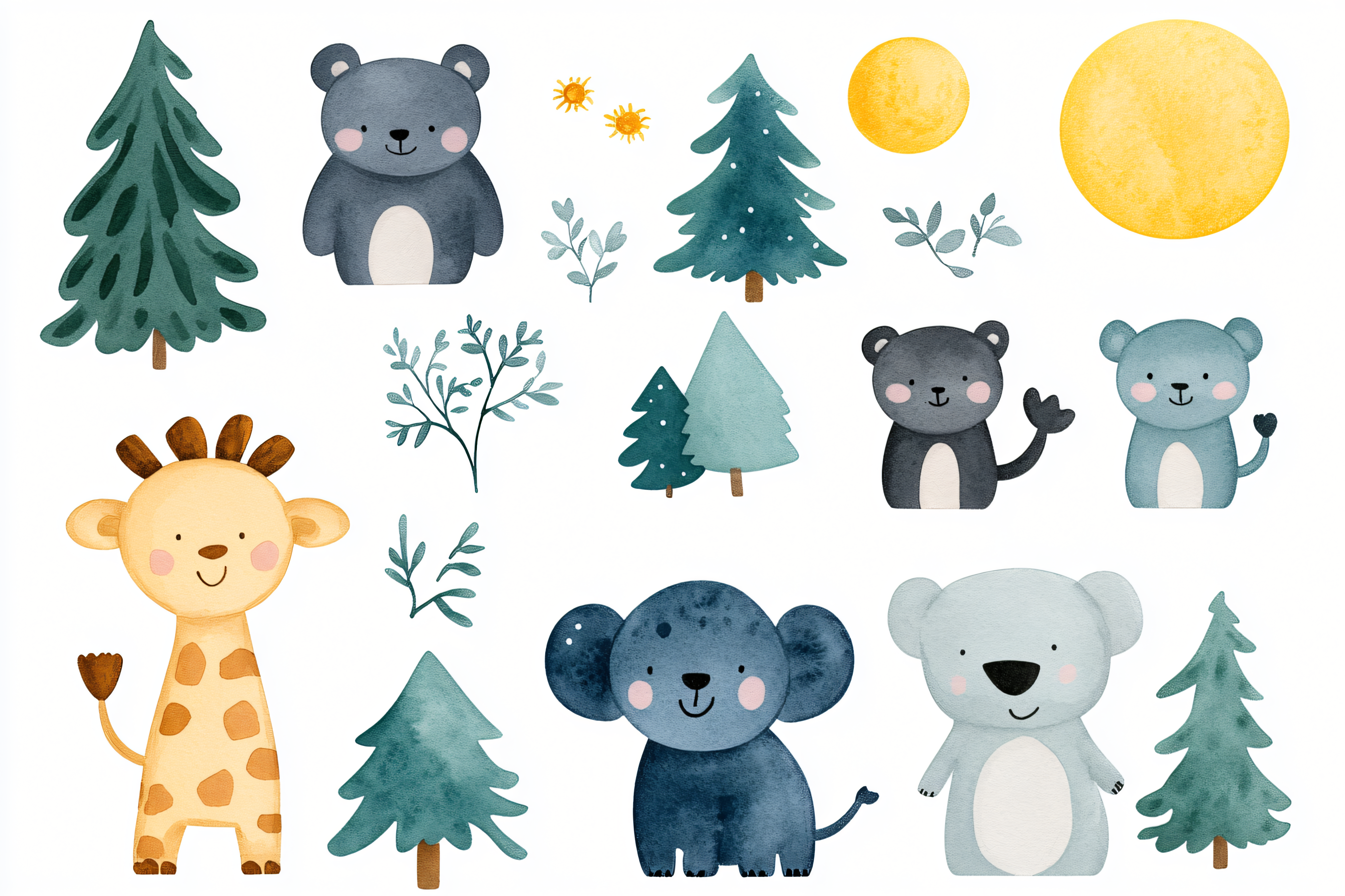 Cute Forest Animals and Trees Watercolor Clipart