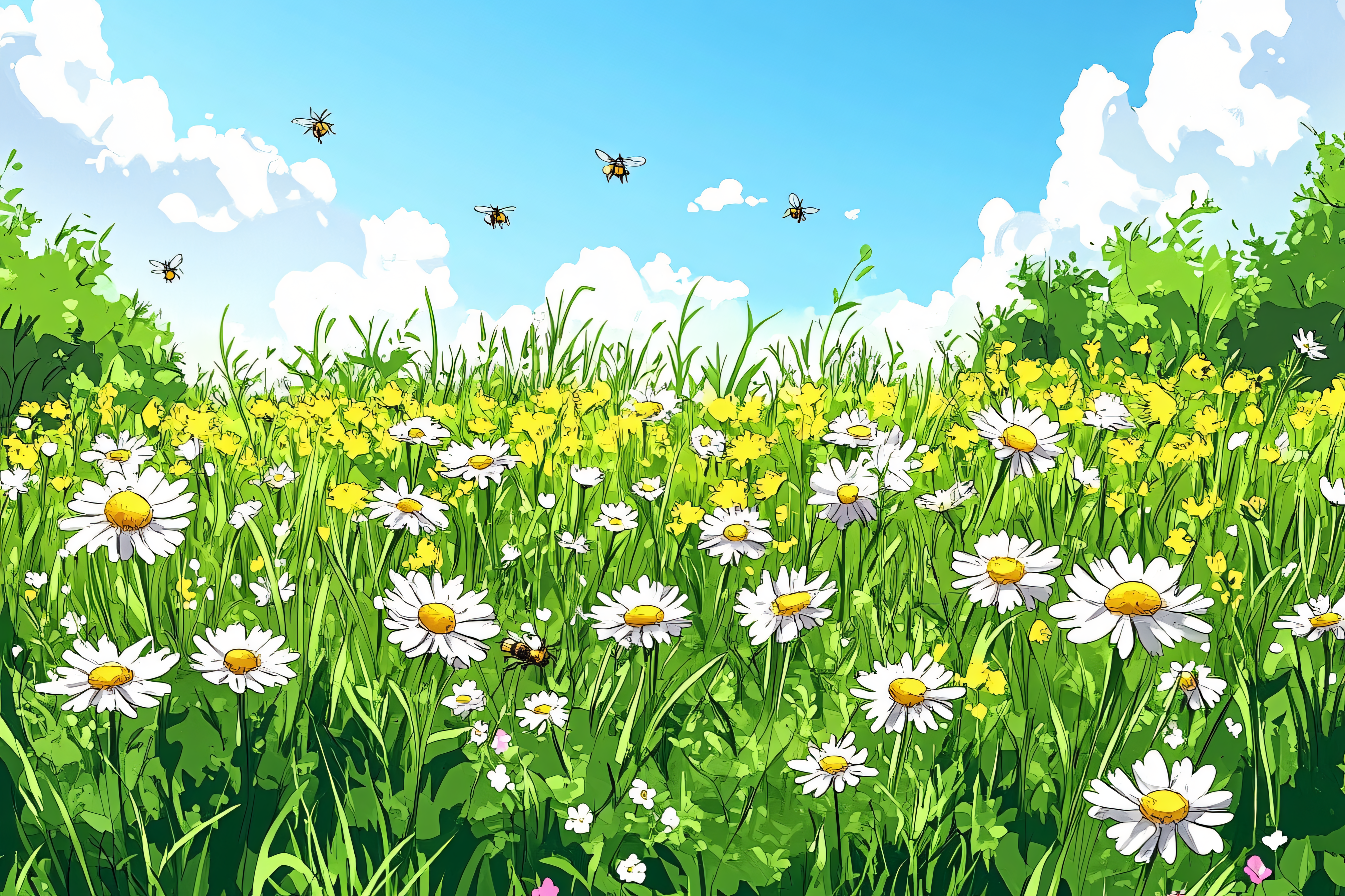 Daisies And Bees In A Meadow