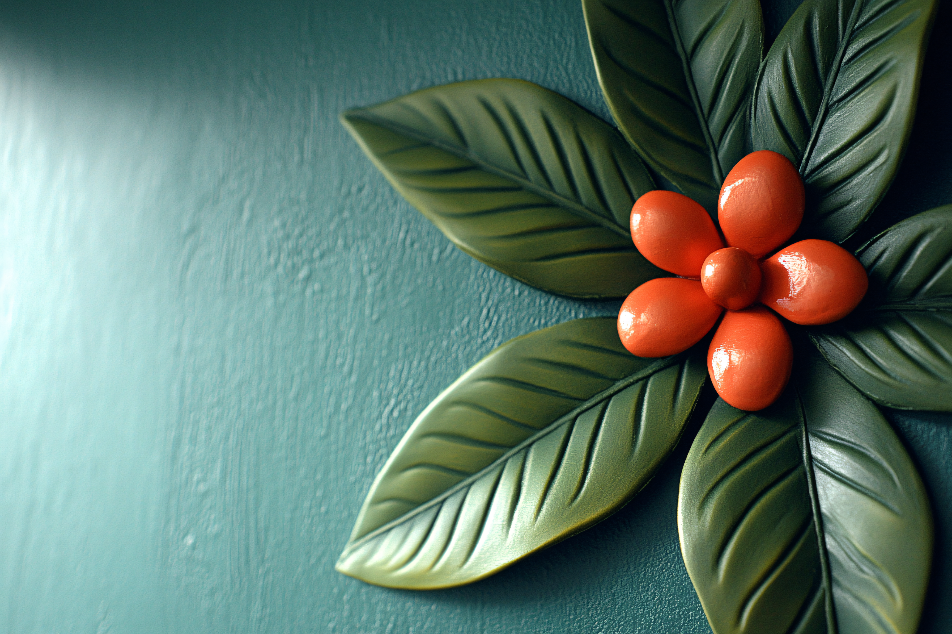 Decorative Flower and Leaves on Teal Background