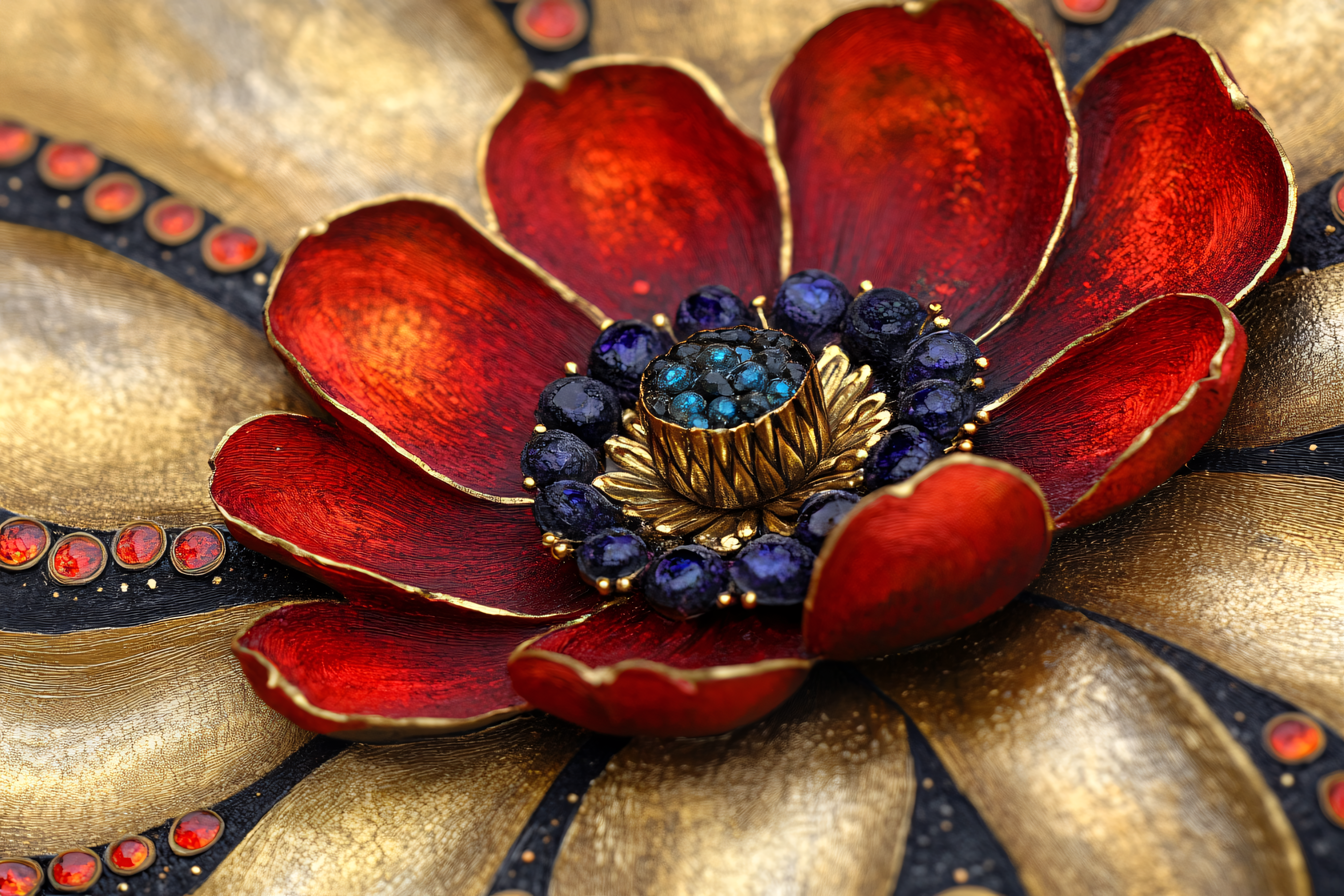 Decorative Golden Flower With Red Petals And Jewel Center