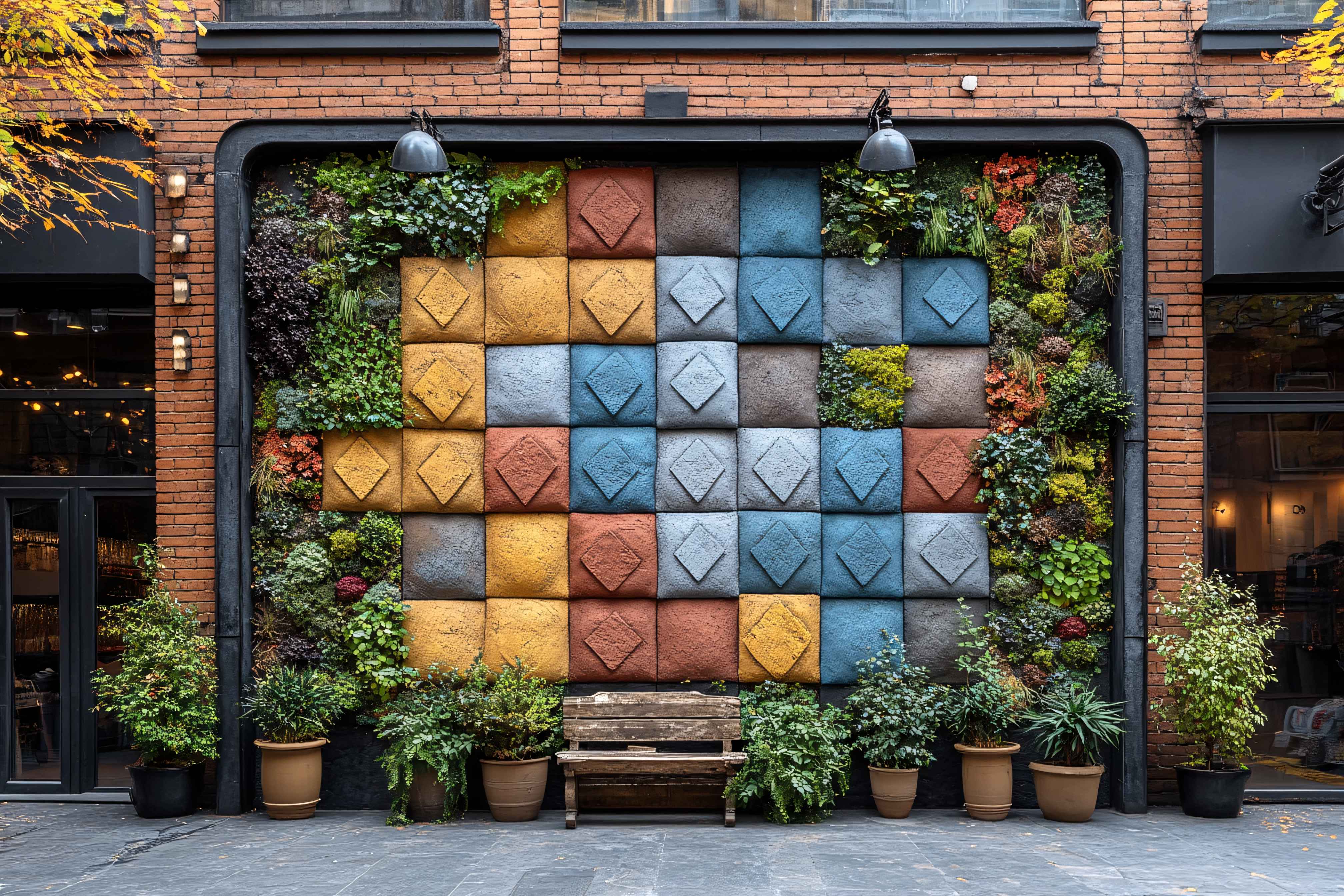 Decorative Wall with Geometric Patterns and Greenery