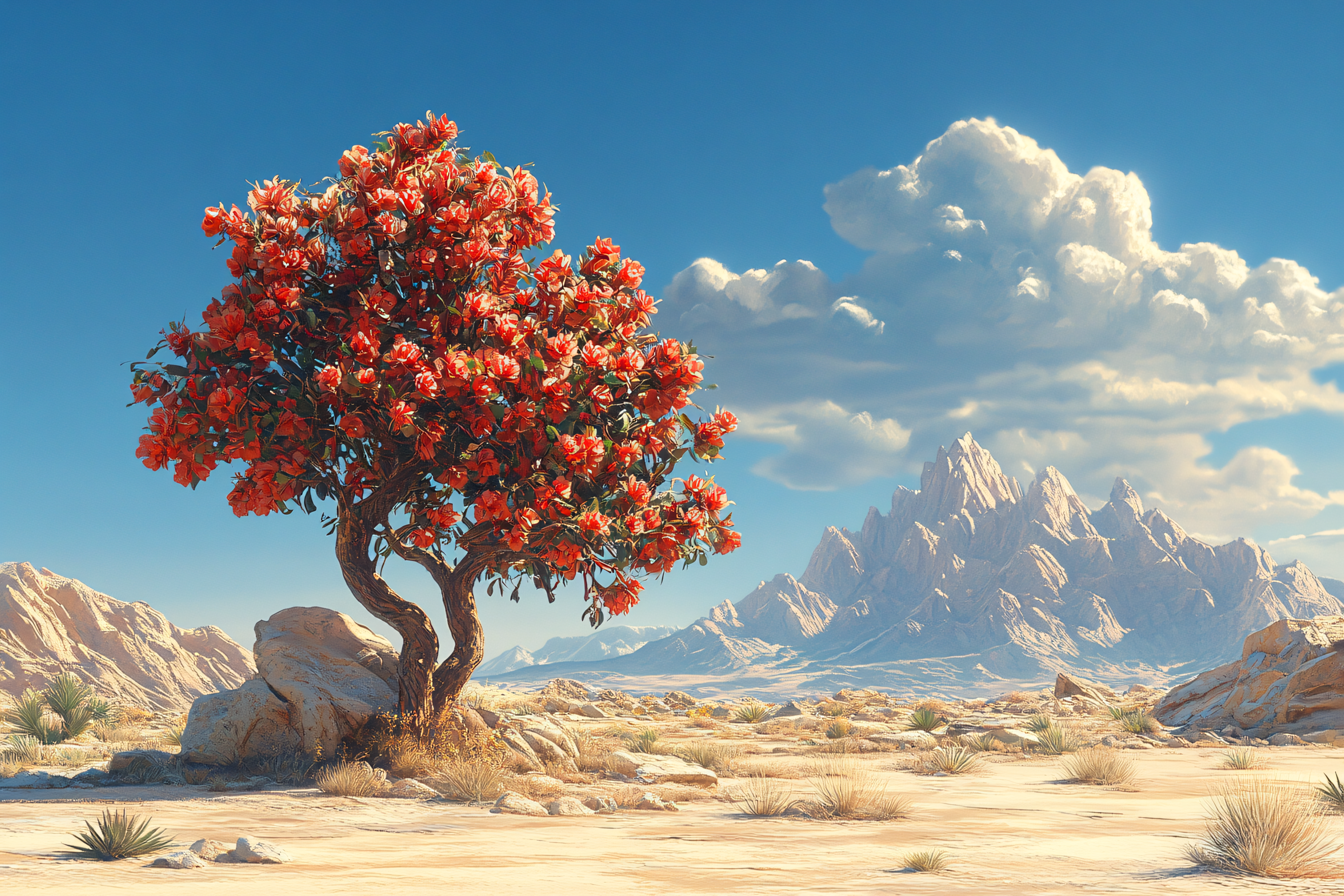 Desert Bloom With Mountain Backdrop