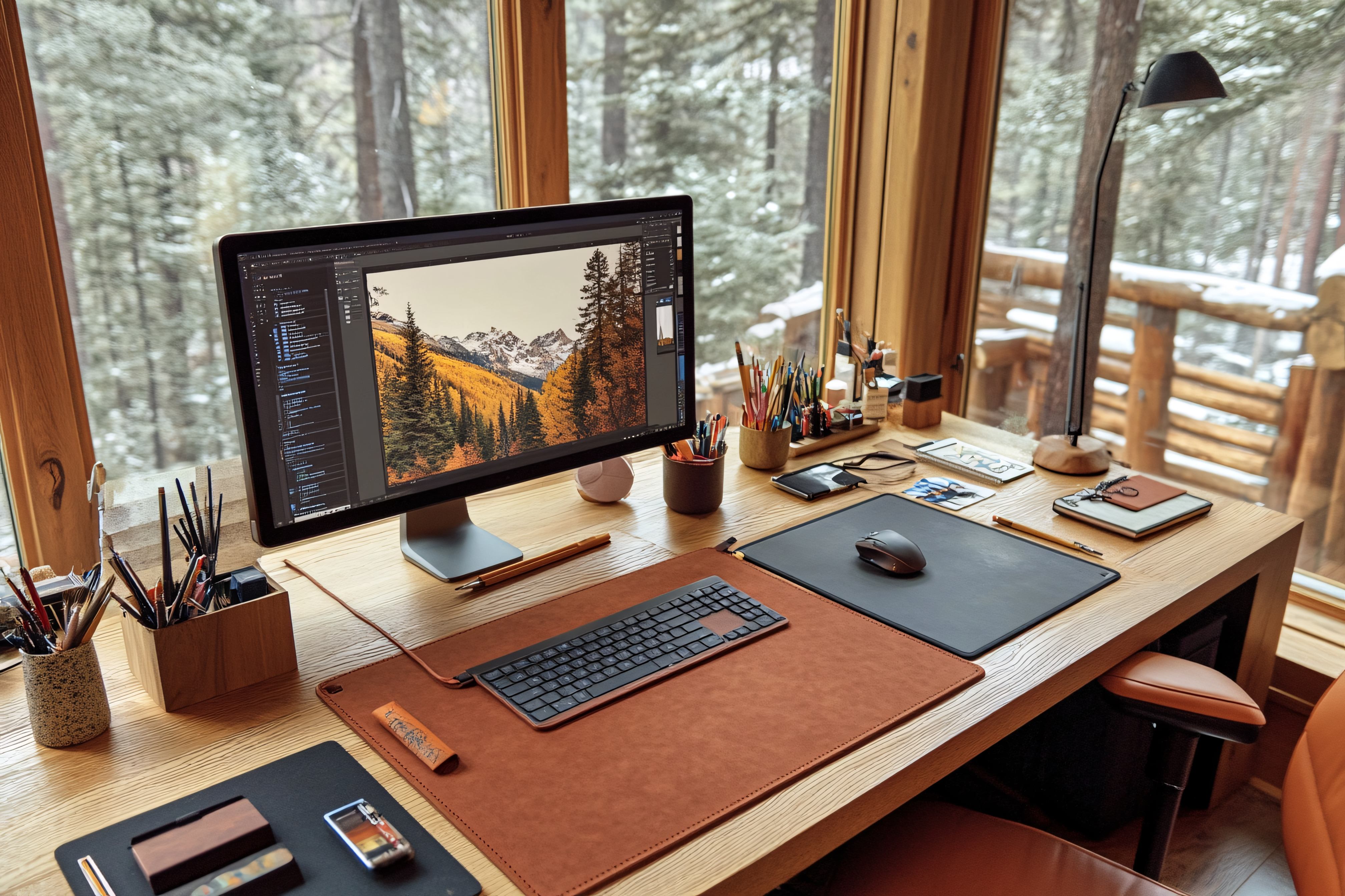 Desk Setup with Computer and Snowy Forest View