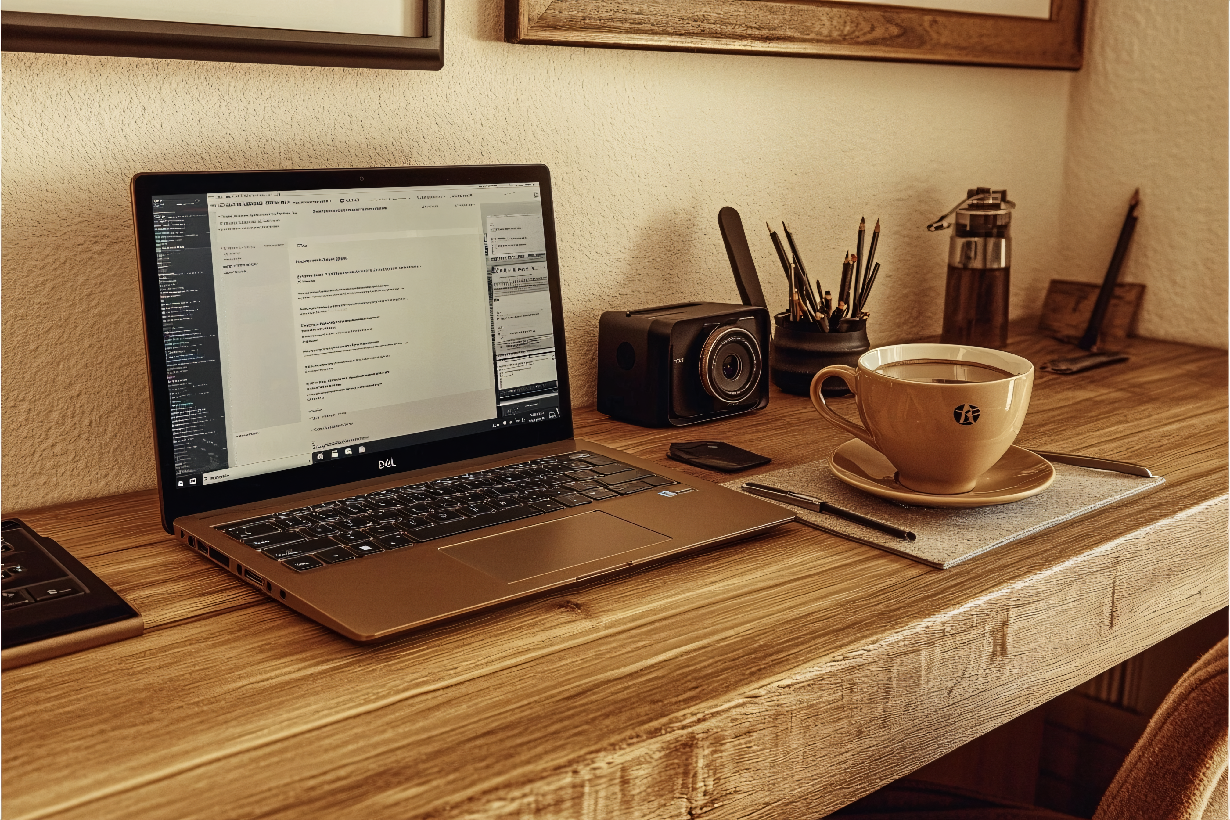 Desk Setup With Laptop And Coffee