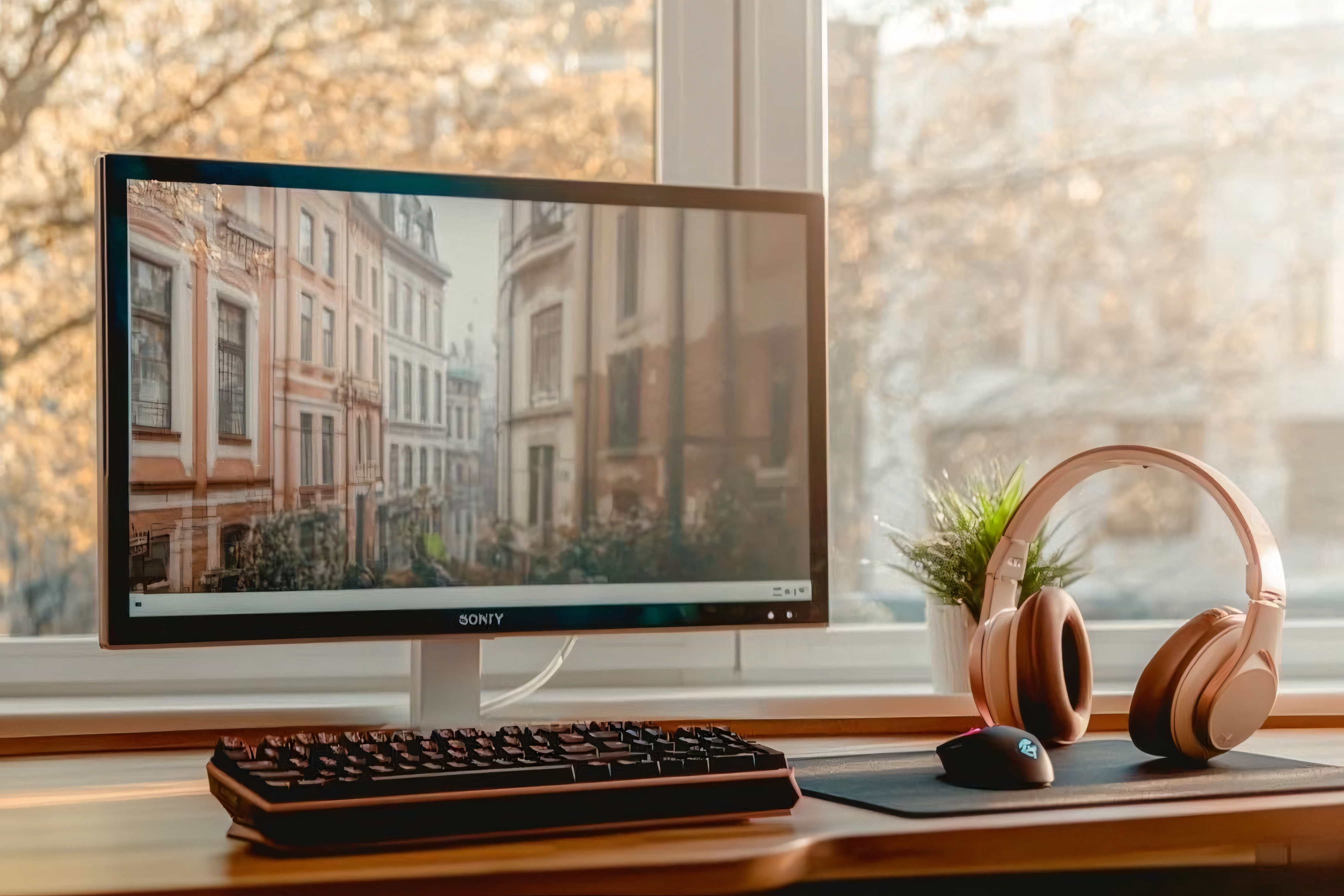 Desk Setup With Modern Electronics and City View