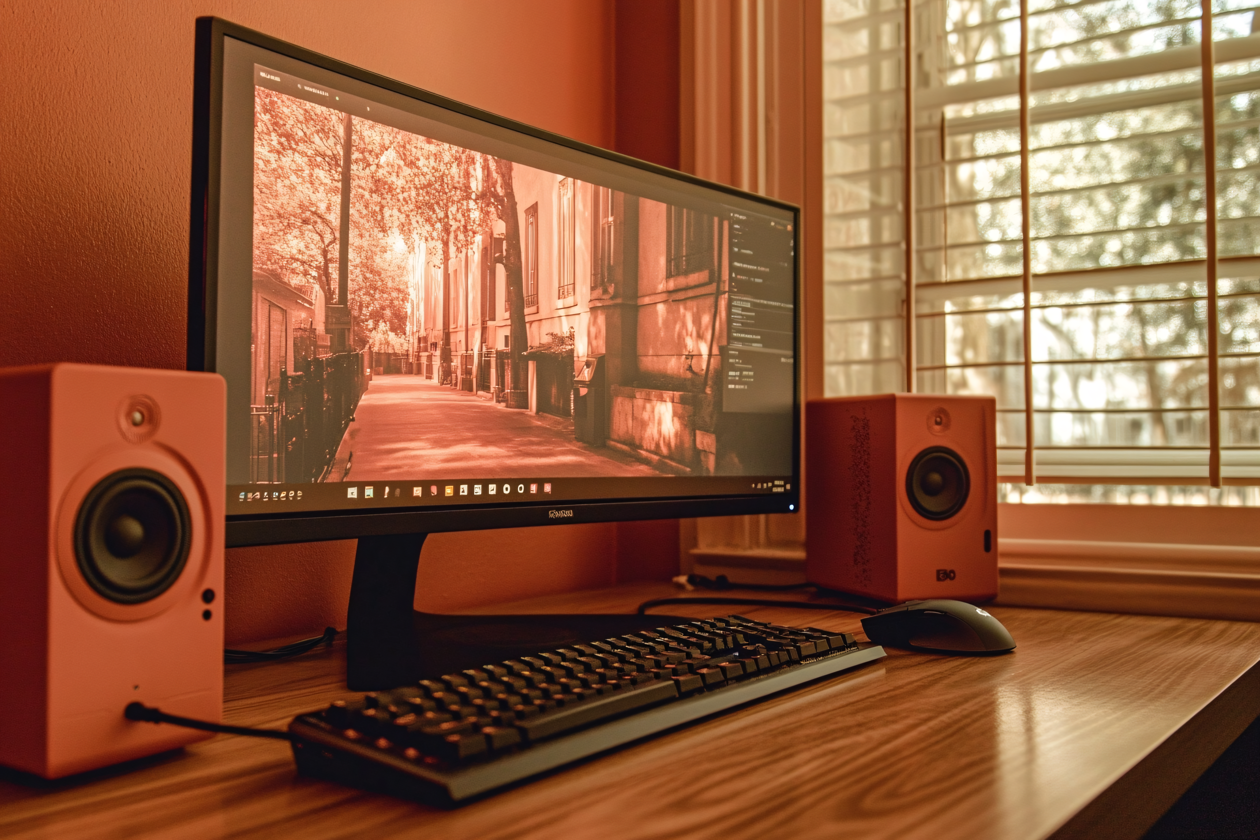 Desk Setup With Speakers And Monitor