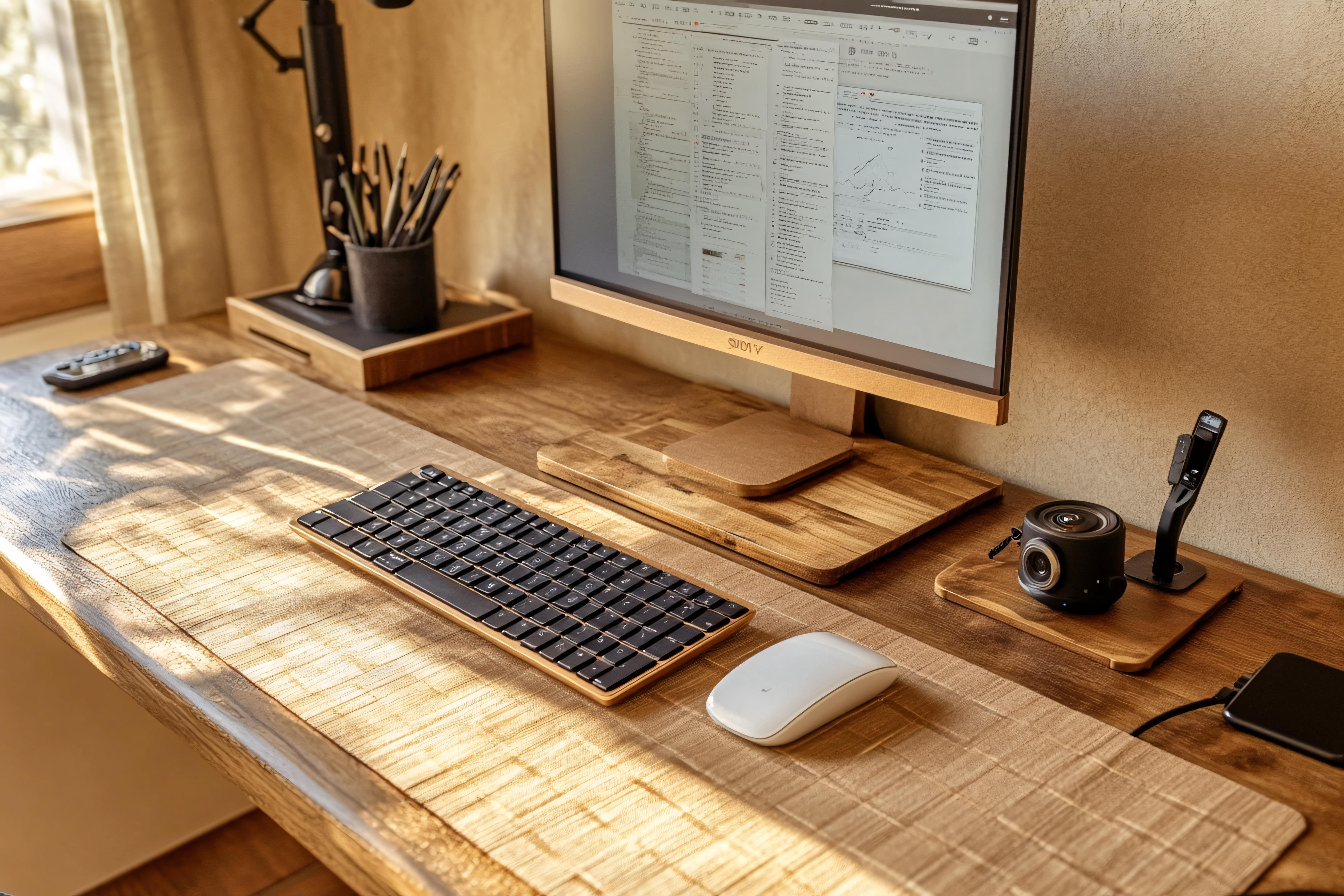 Desk Setup With Wooden Accessories