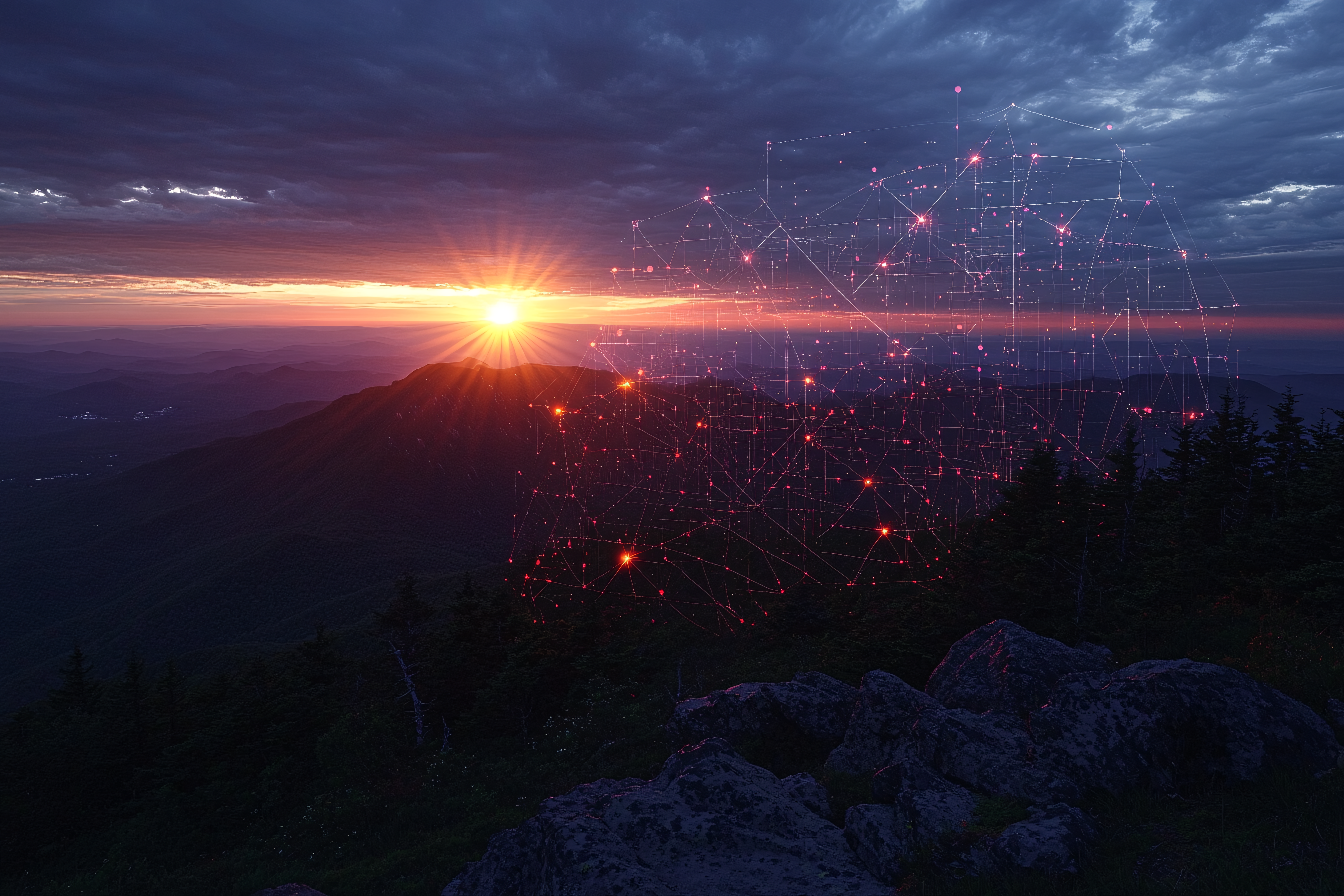 Digital Network Over Sunset Mountain