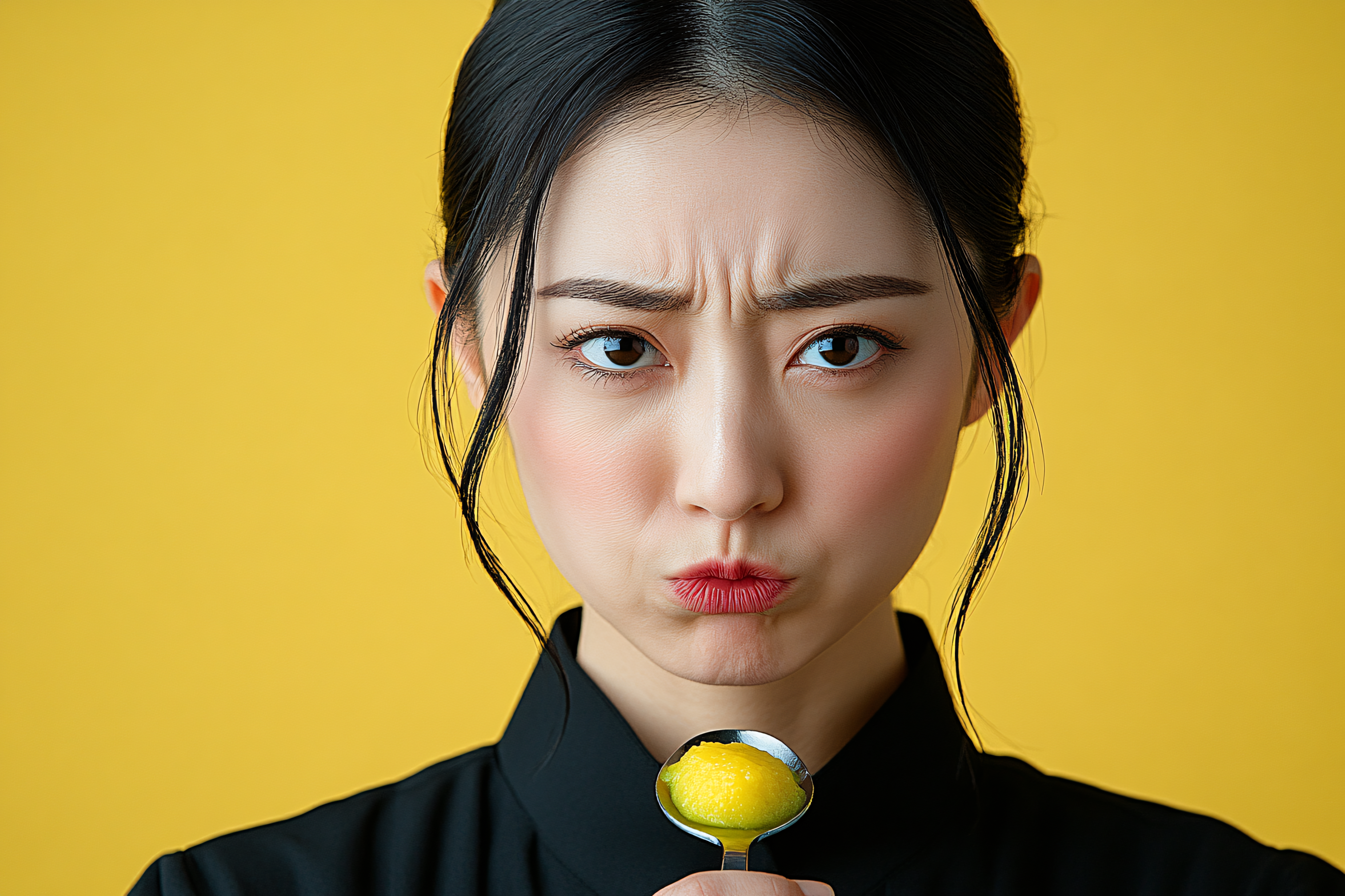 Displeased Woman with Spoon of Yellow Food