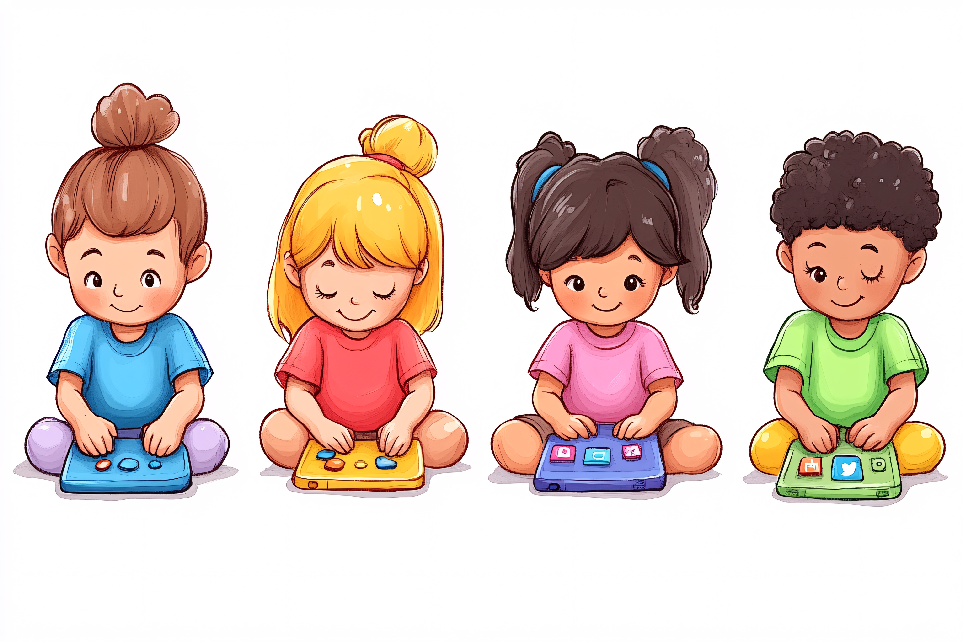 Diverse Kids Playing on Tablets