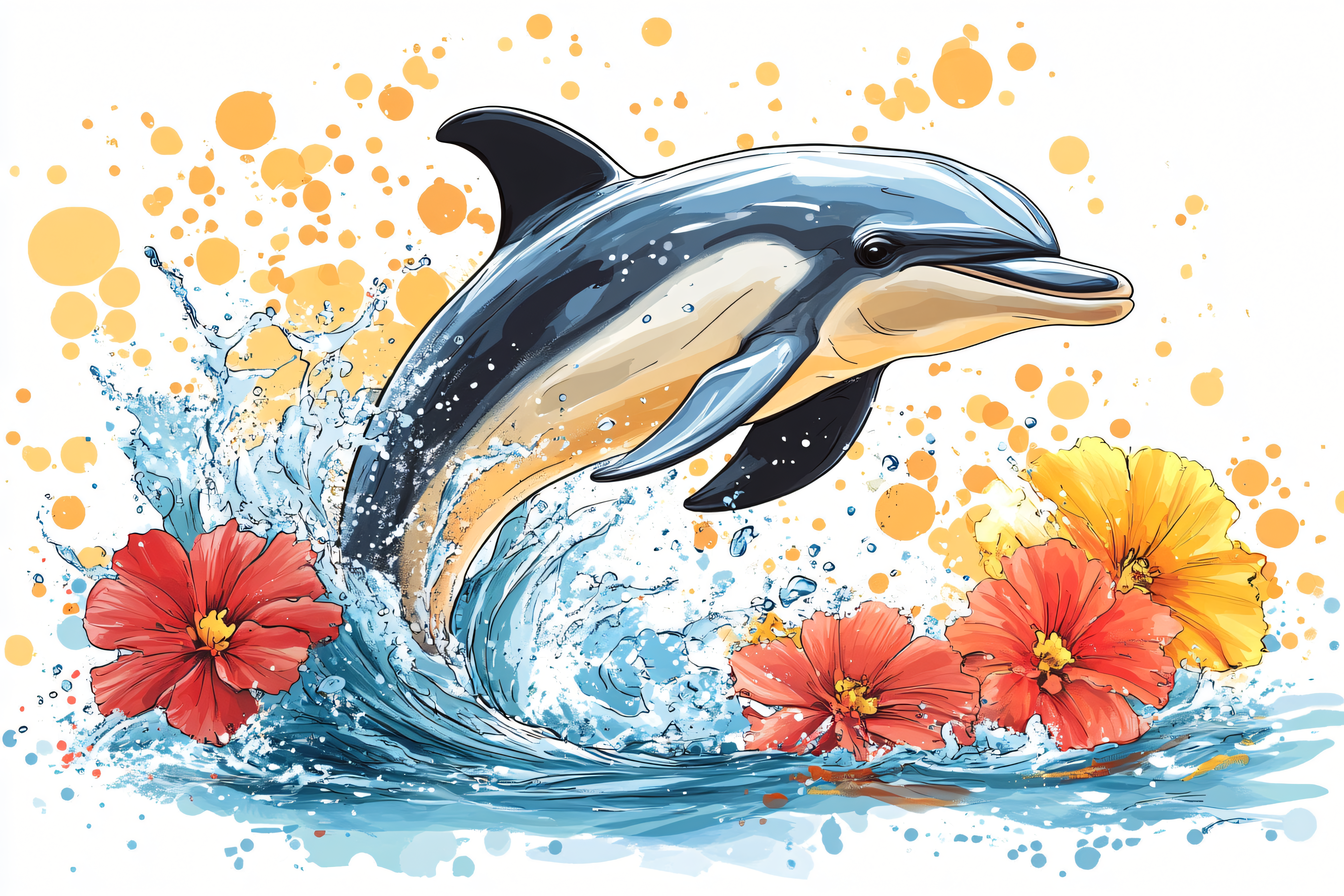Dolphin Leaping with Hibiscus Flowers