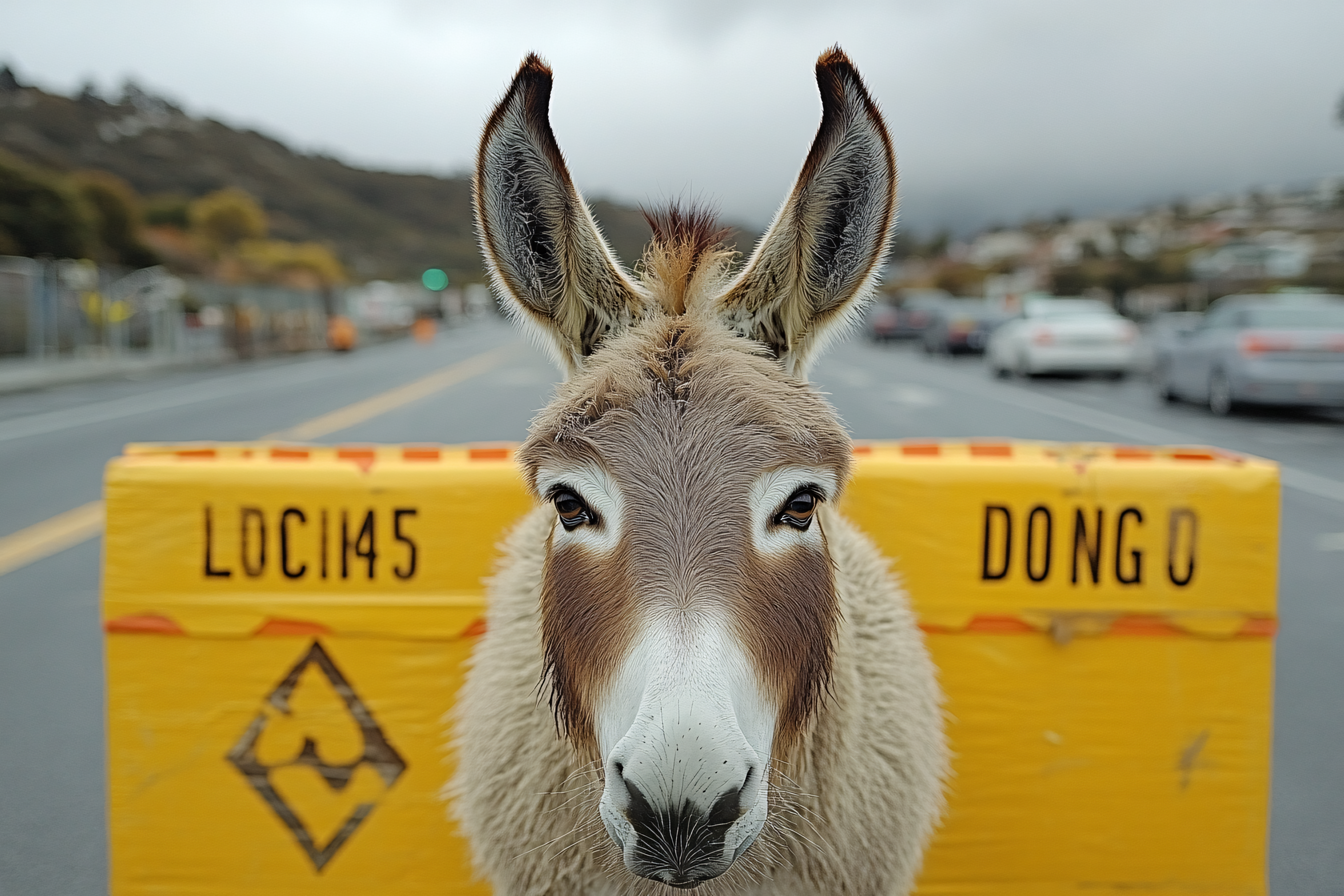 Donkey Stares Stoically At Camera Behind Yellow Barrier