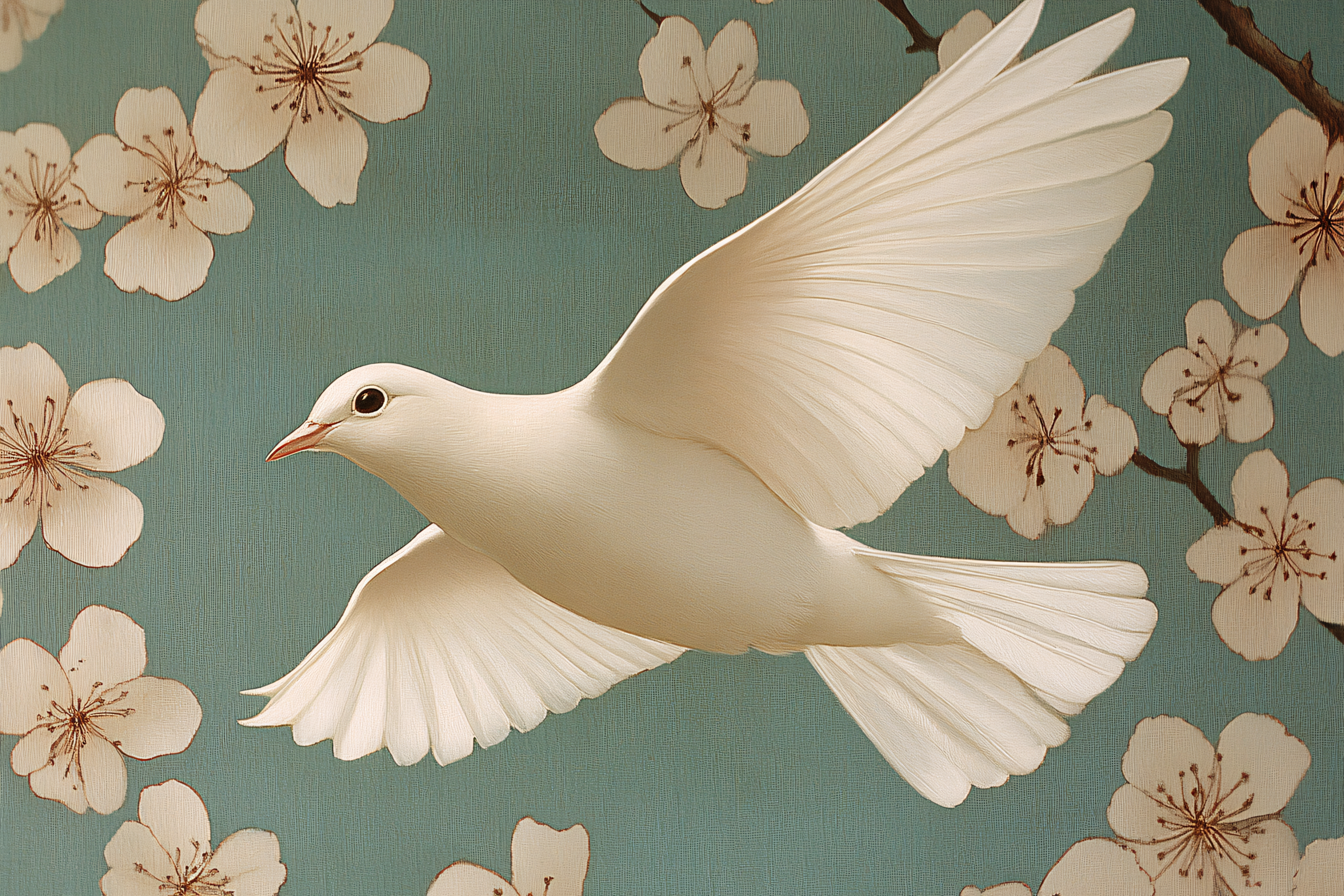 Dove Flying with Cherry Blossoms