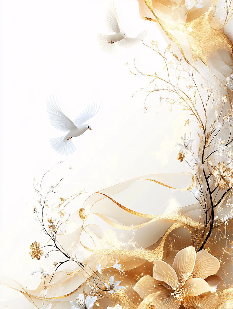 Doves in Flight with Golden Floral Accents