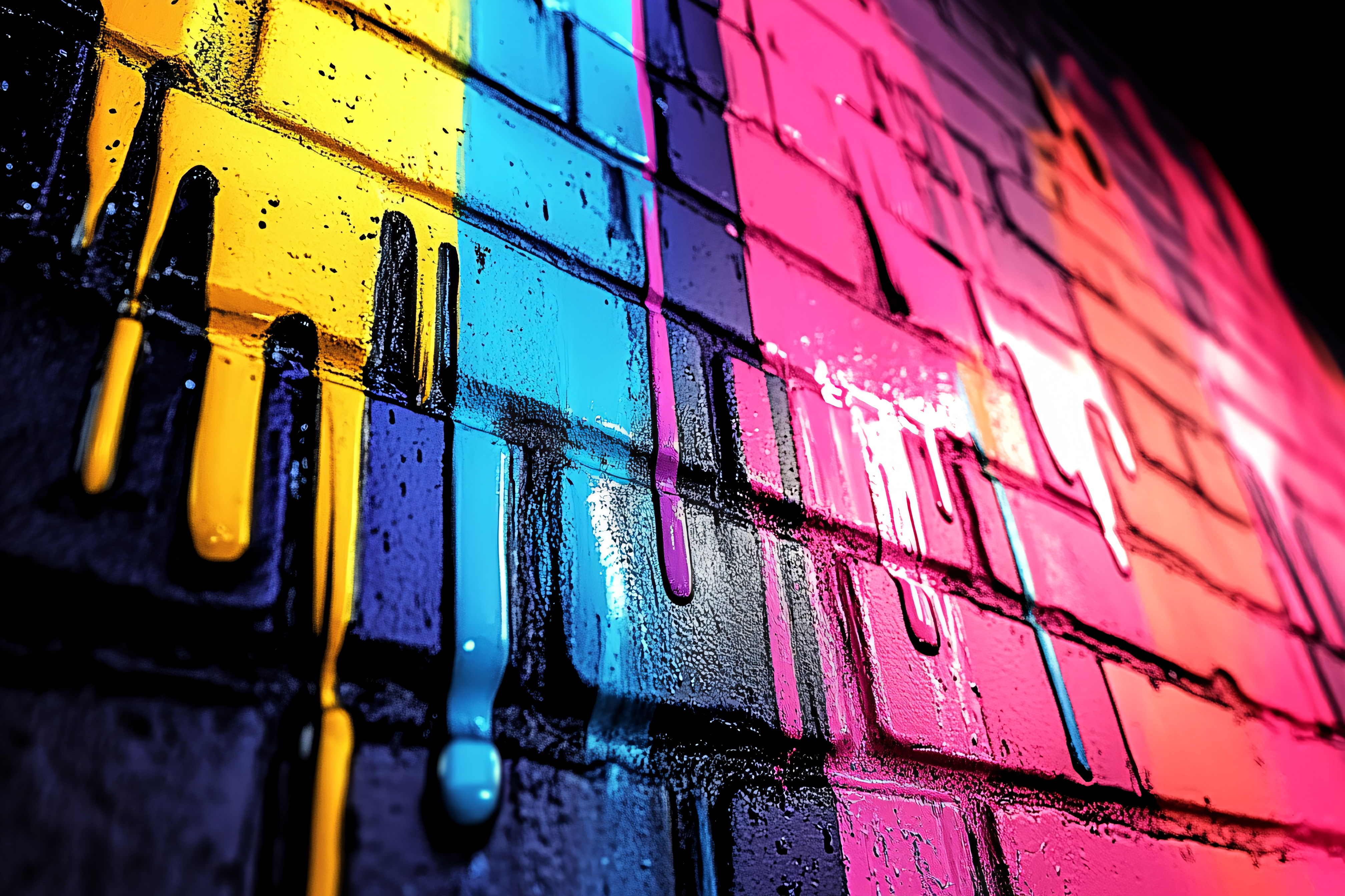 Dripping Bright Paint On Brick Wall