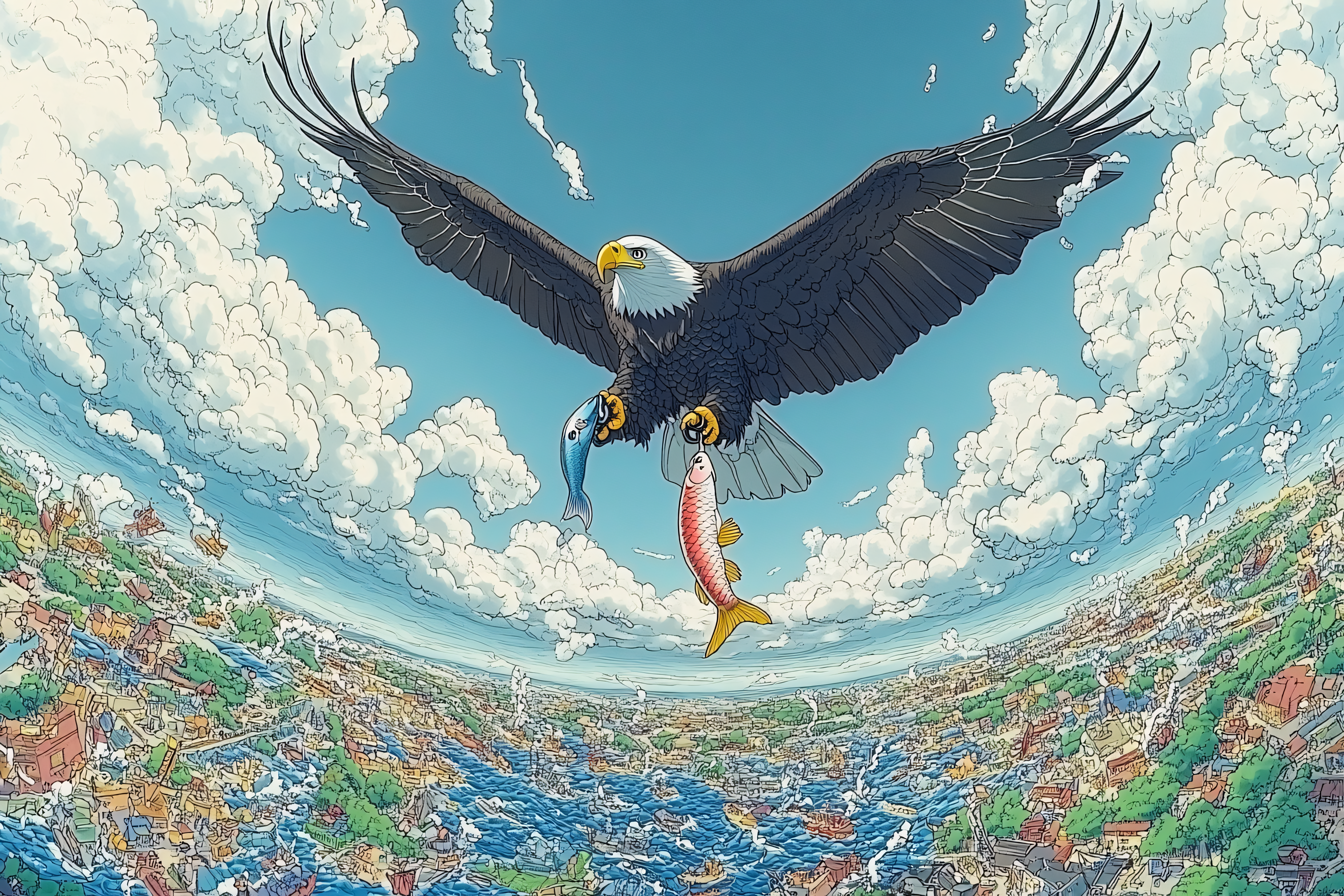 Eagle Catching Fish Over City