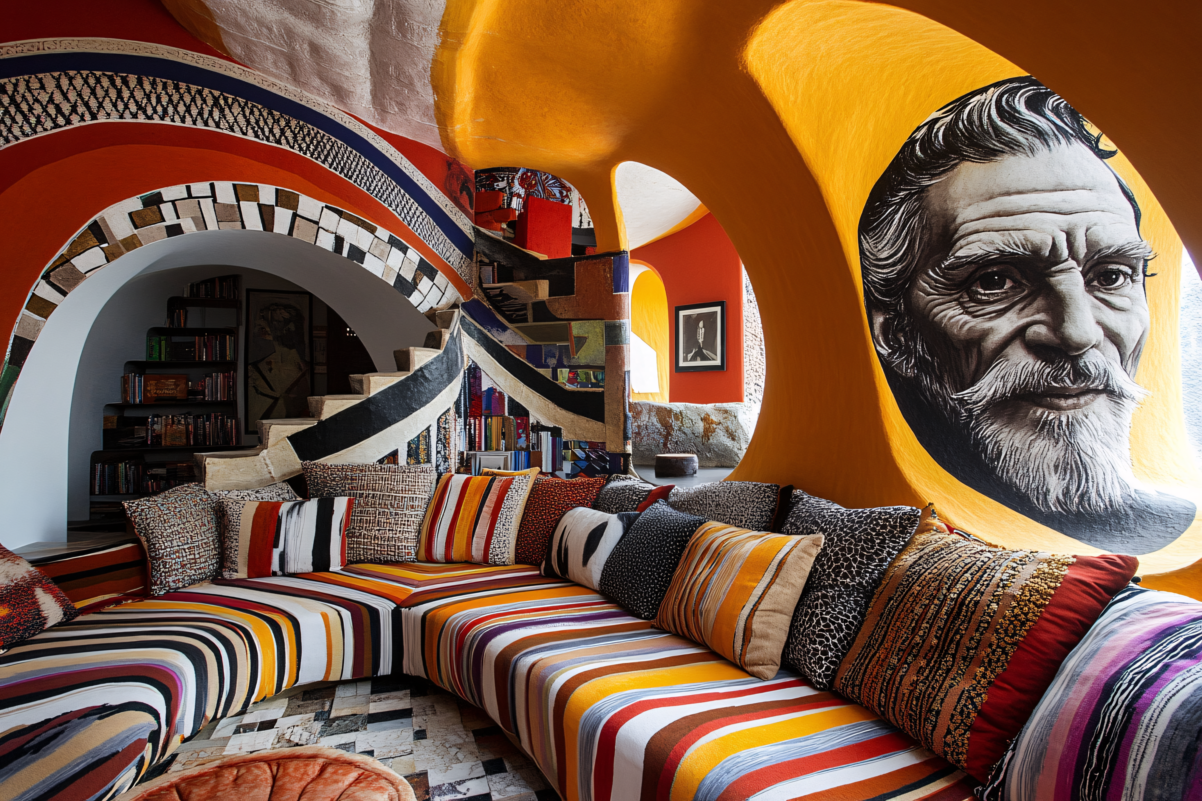 Eclectic Interior with Portrait and Spiral Staircase
