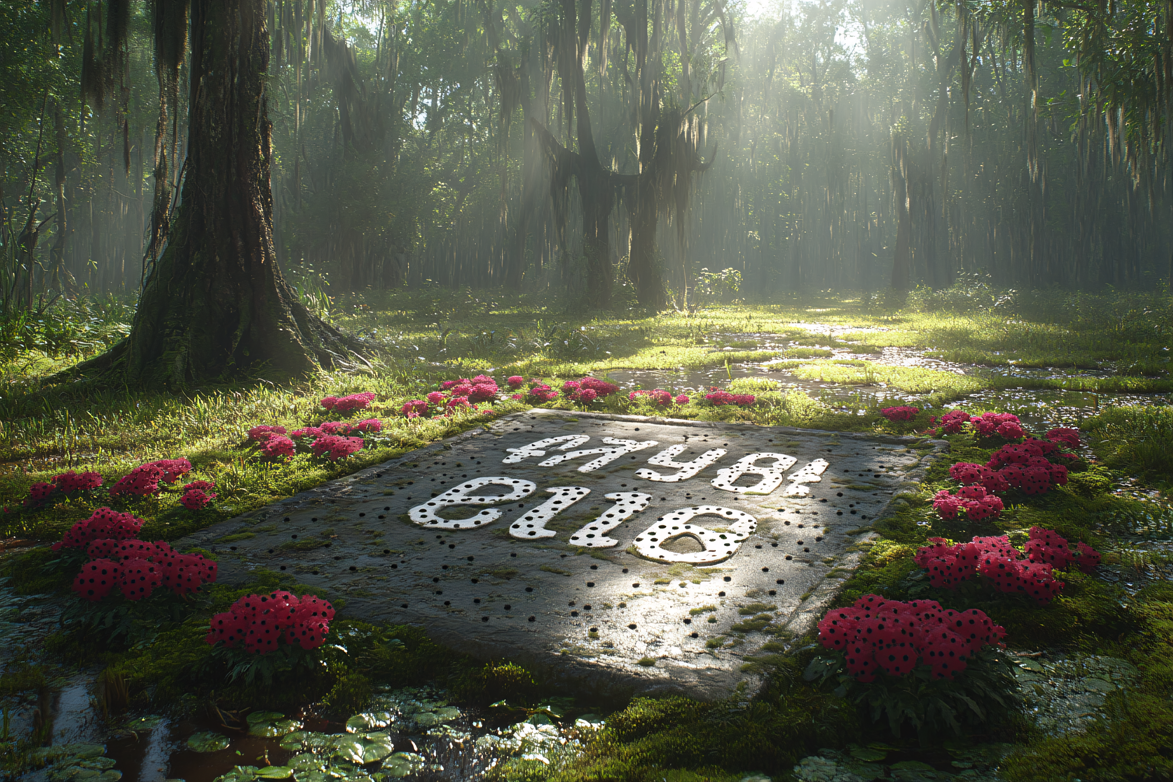 Eerie Forest Glade with Mystical Stone Slab