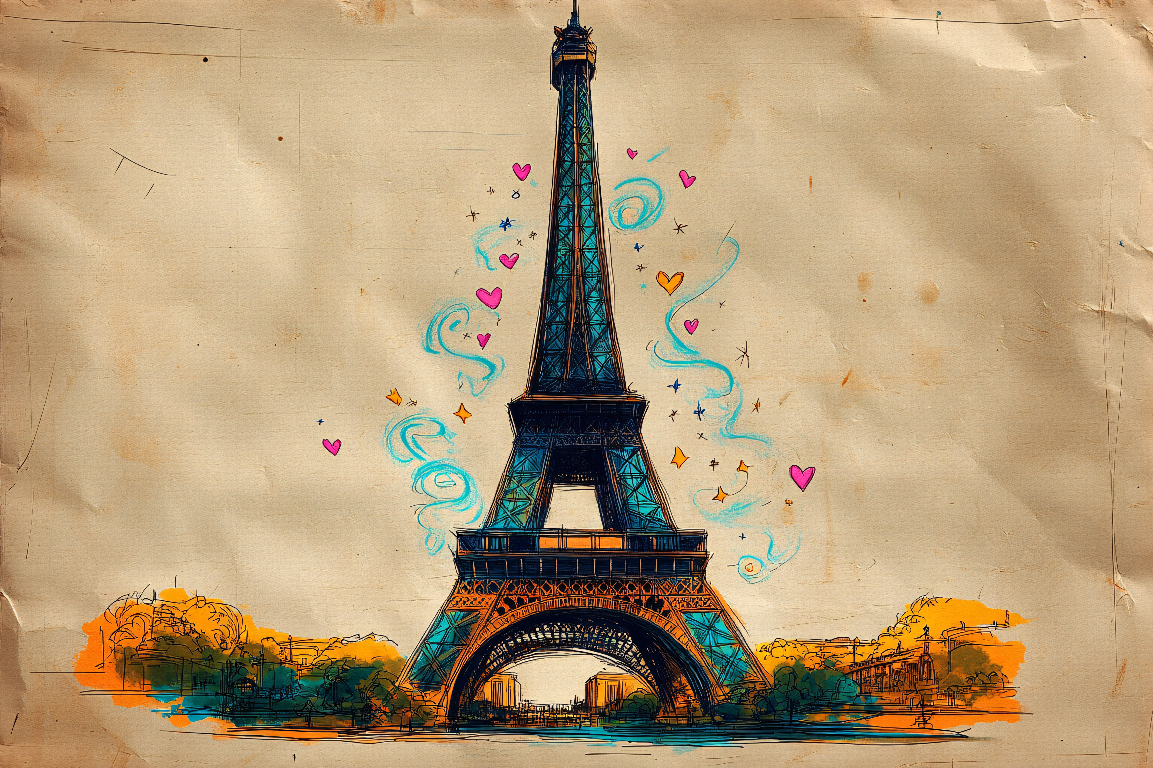 Eiffel Tower Sketch with Hearts and Swirls