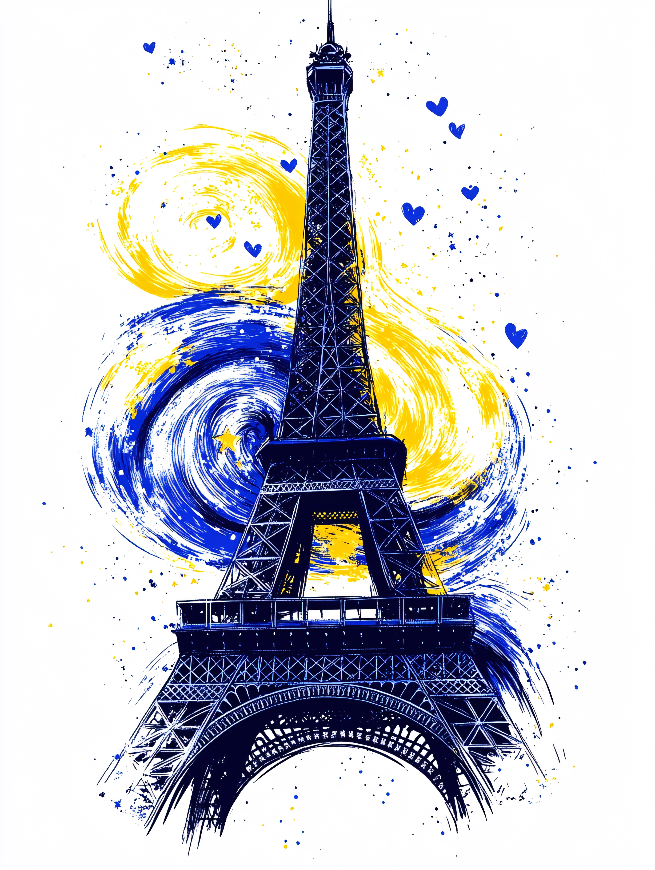 Eiffel Tower with Blue and Yellow Splatter Art