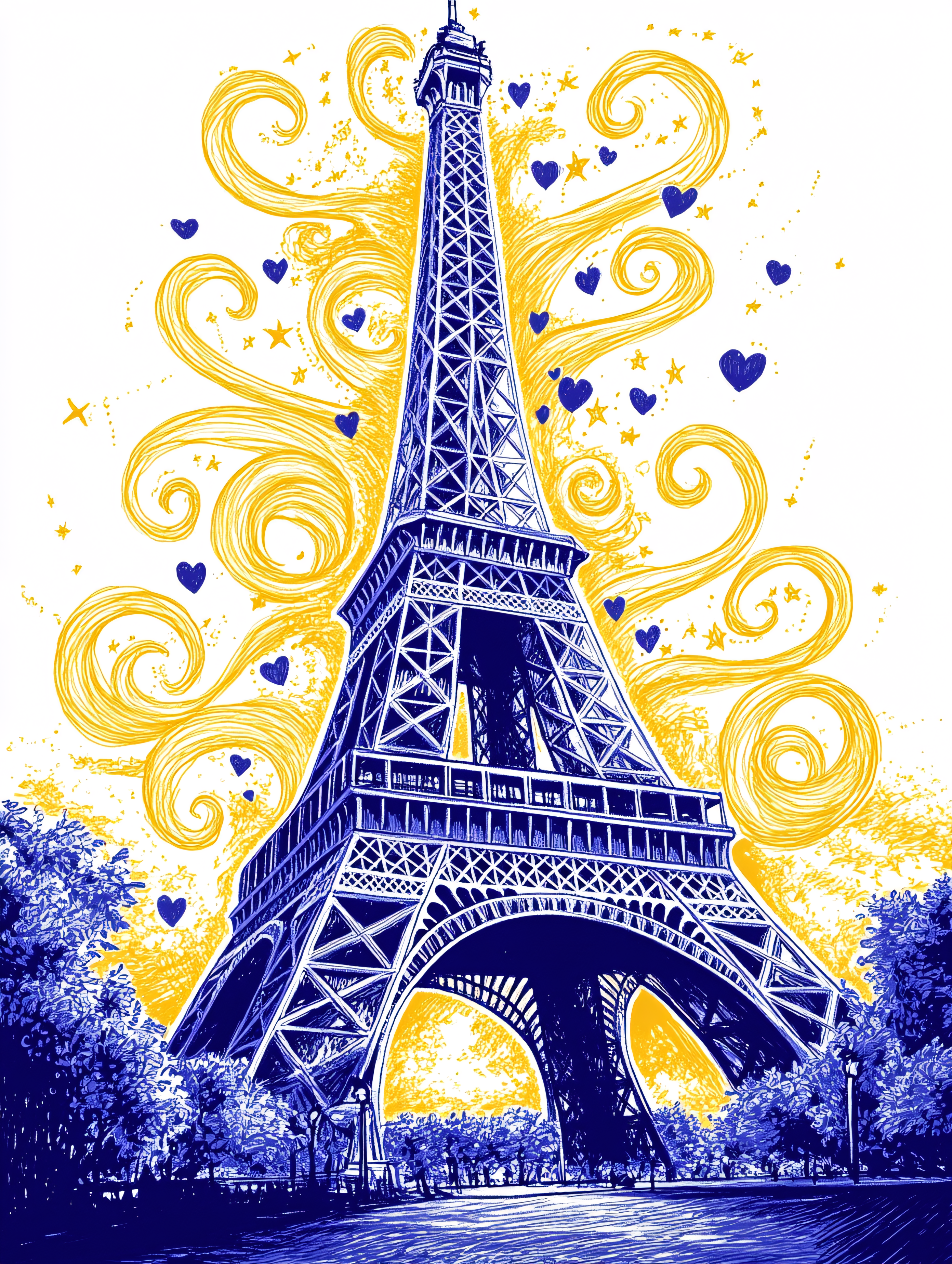 Eiffel Tower with Swirls and Hearts