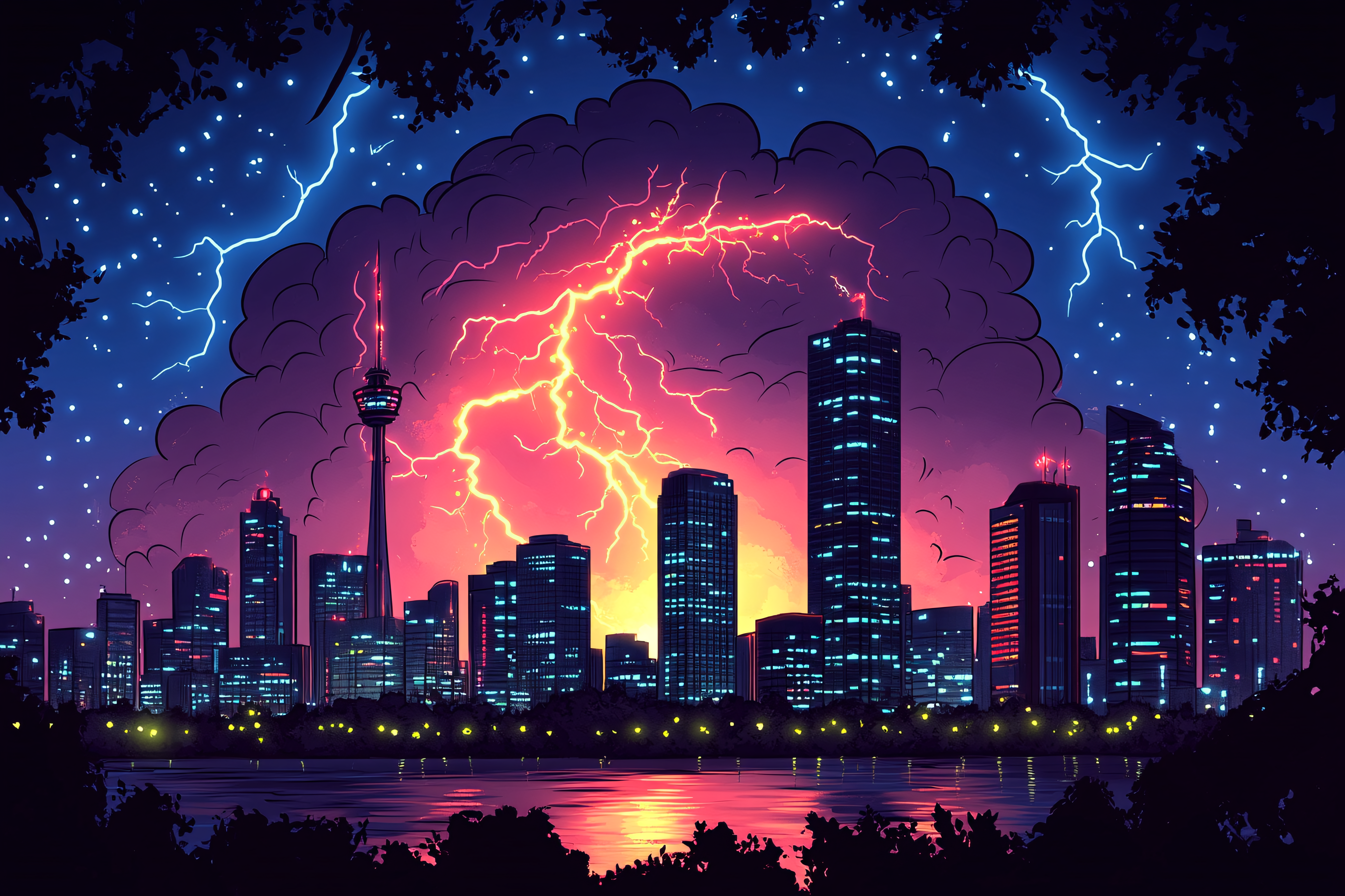 Electric Cityscape At Twilight