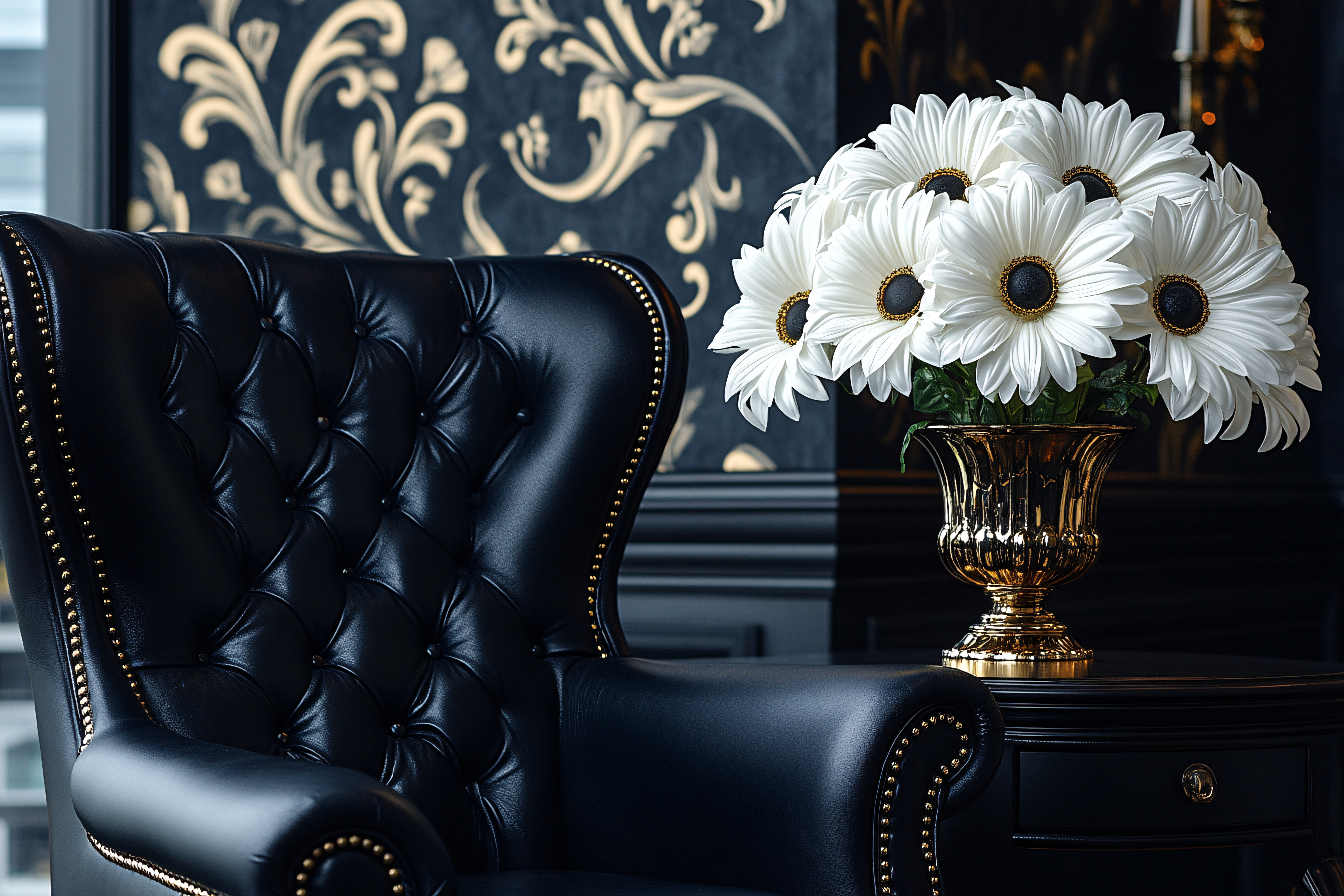 Elegant Black Leather Armchair with White Flowers