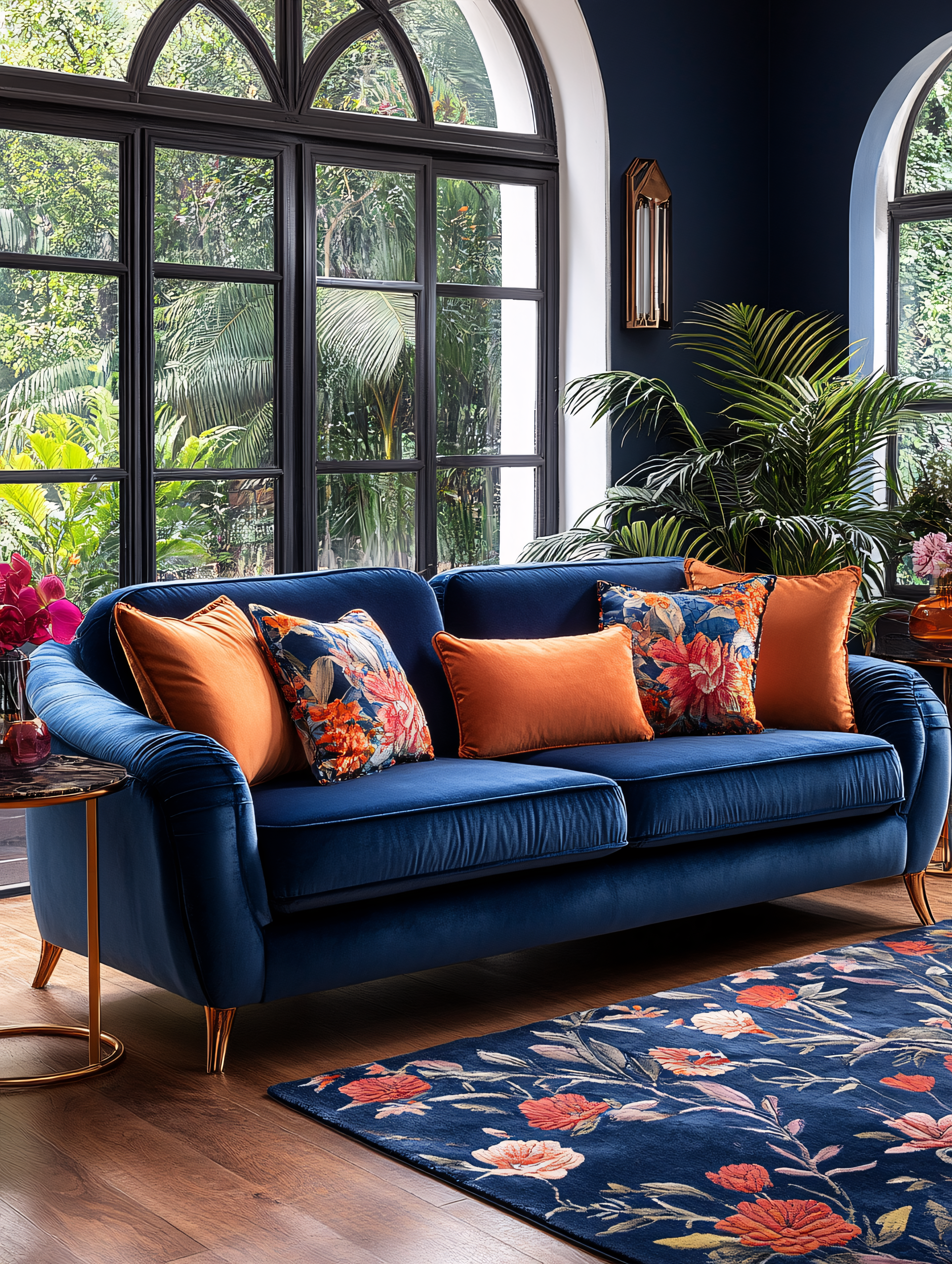 Elegant Blue Velvet Sofa in Modern Living Room
