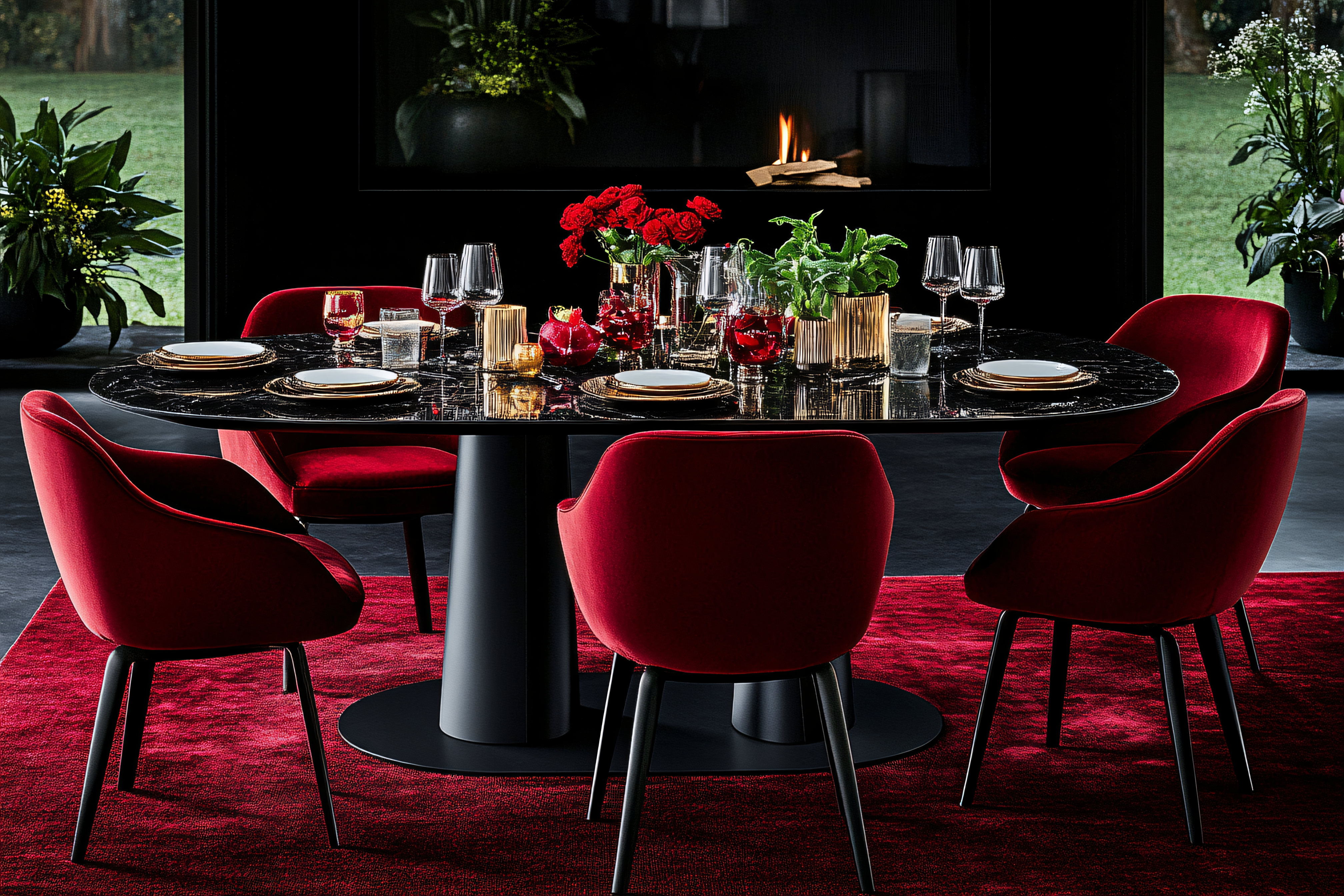 Elegant Dining Table Setting with Red Chairs