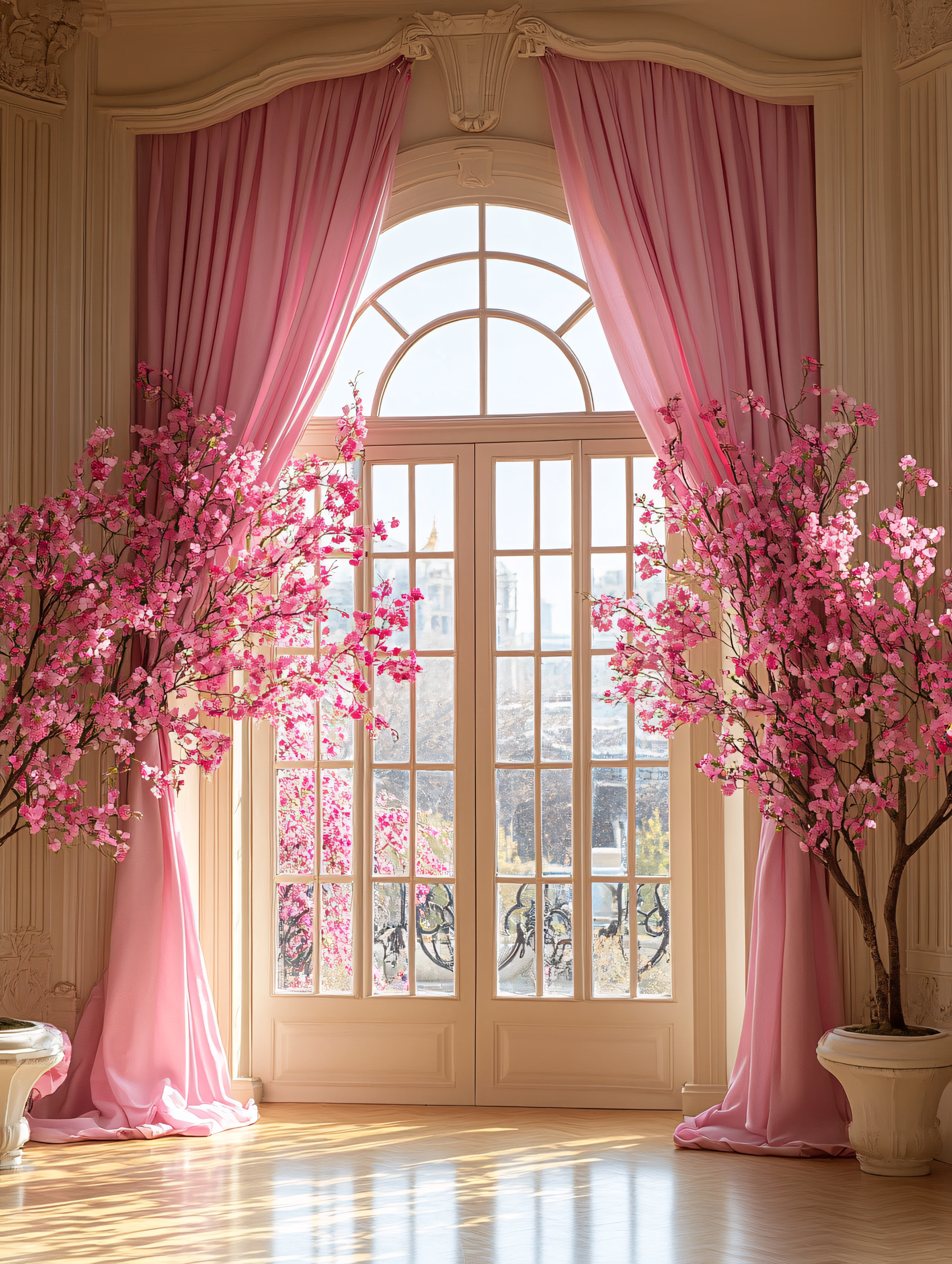 Elegant Doorway with Pink Curtains and Cherry Blossoms