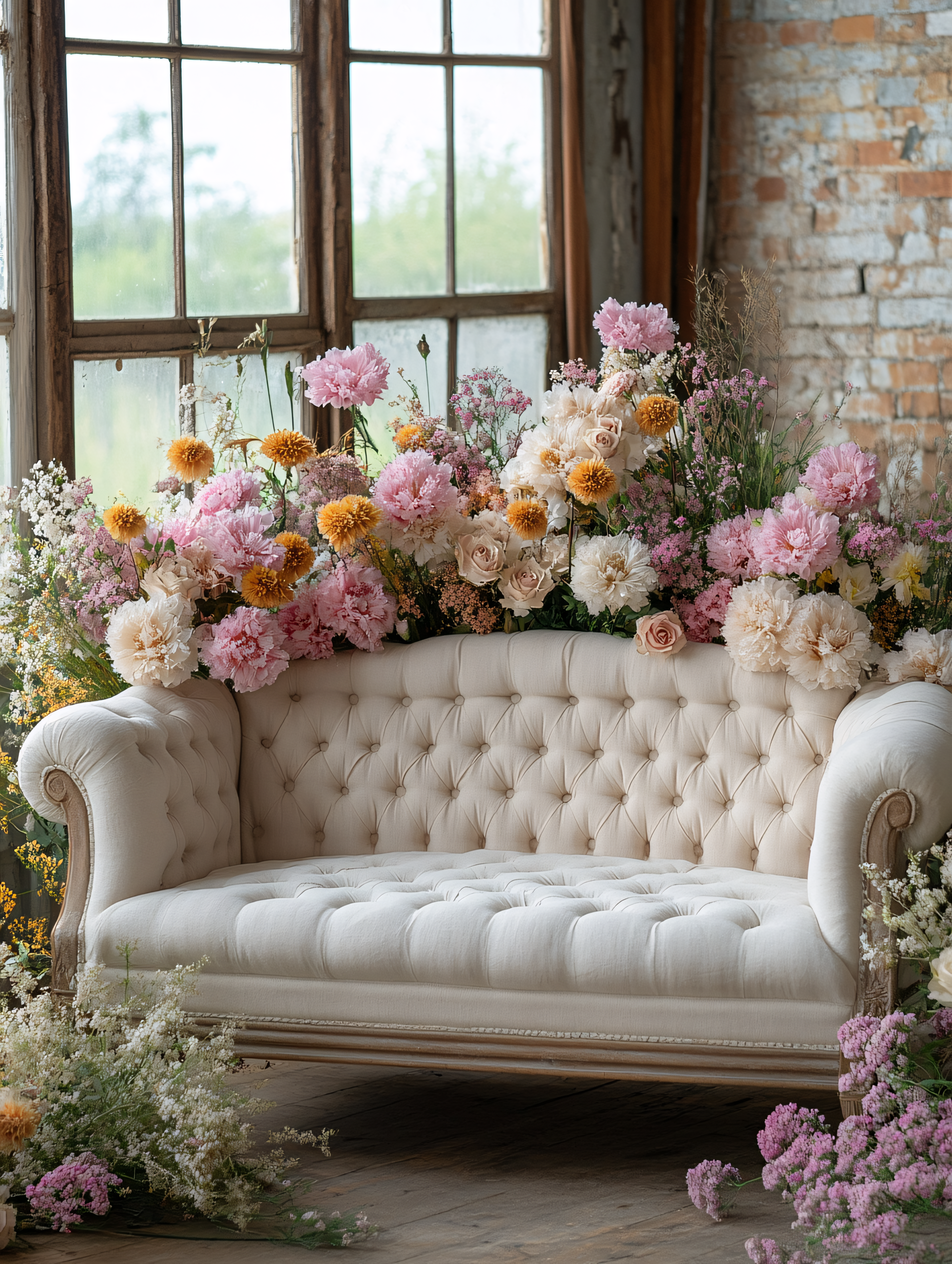Elegant Floral Arrangement On Tufted Sofa
