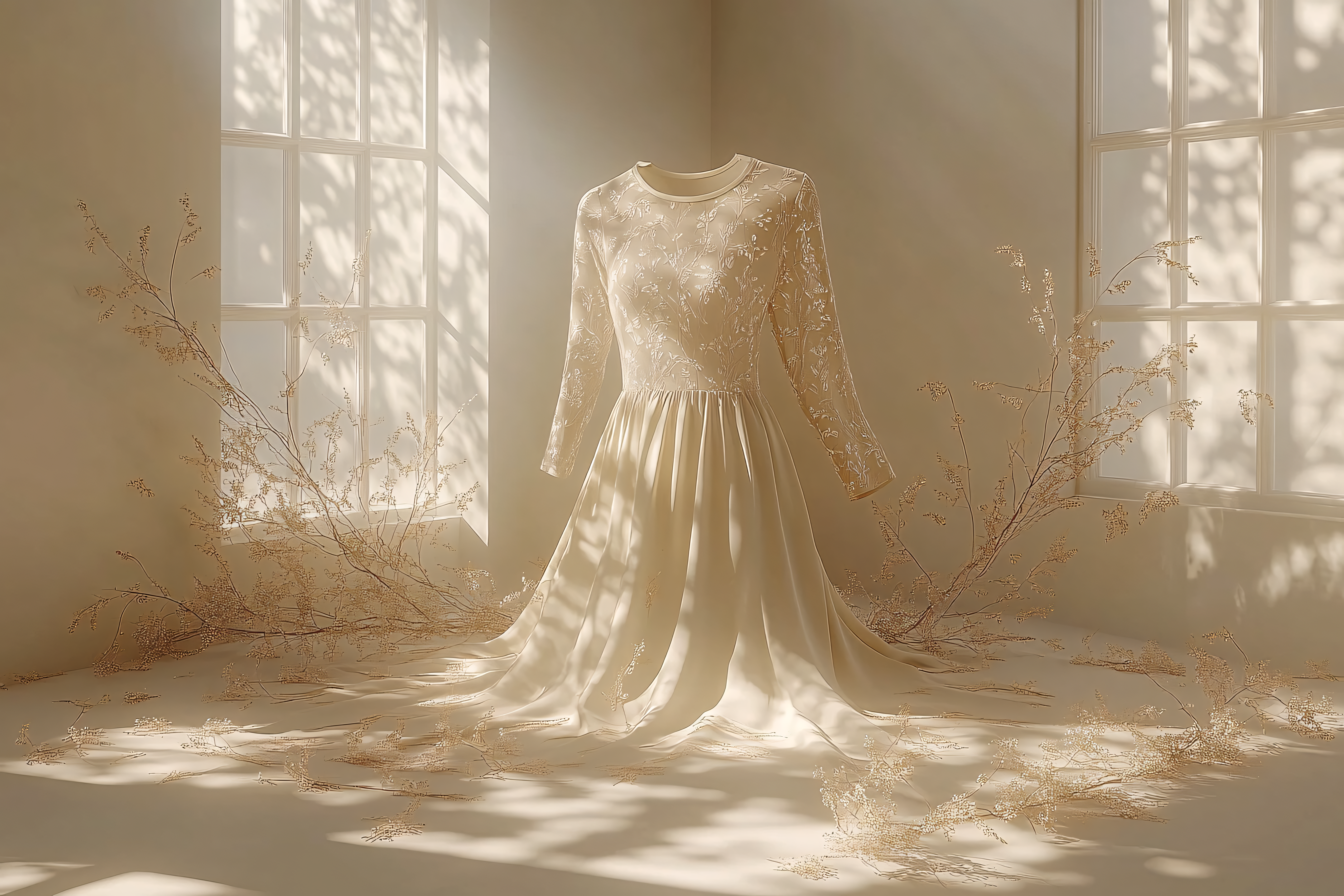 Elegant Lace Dress Displayed with Dried Floral Branches