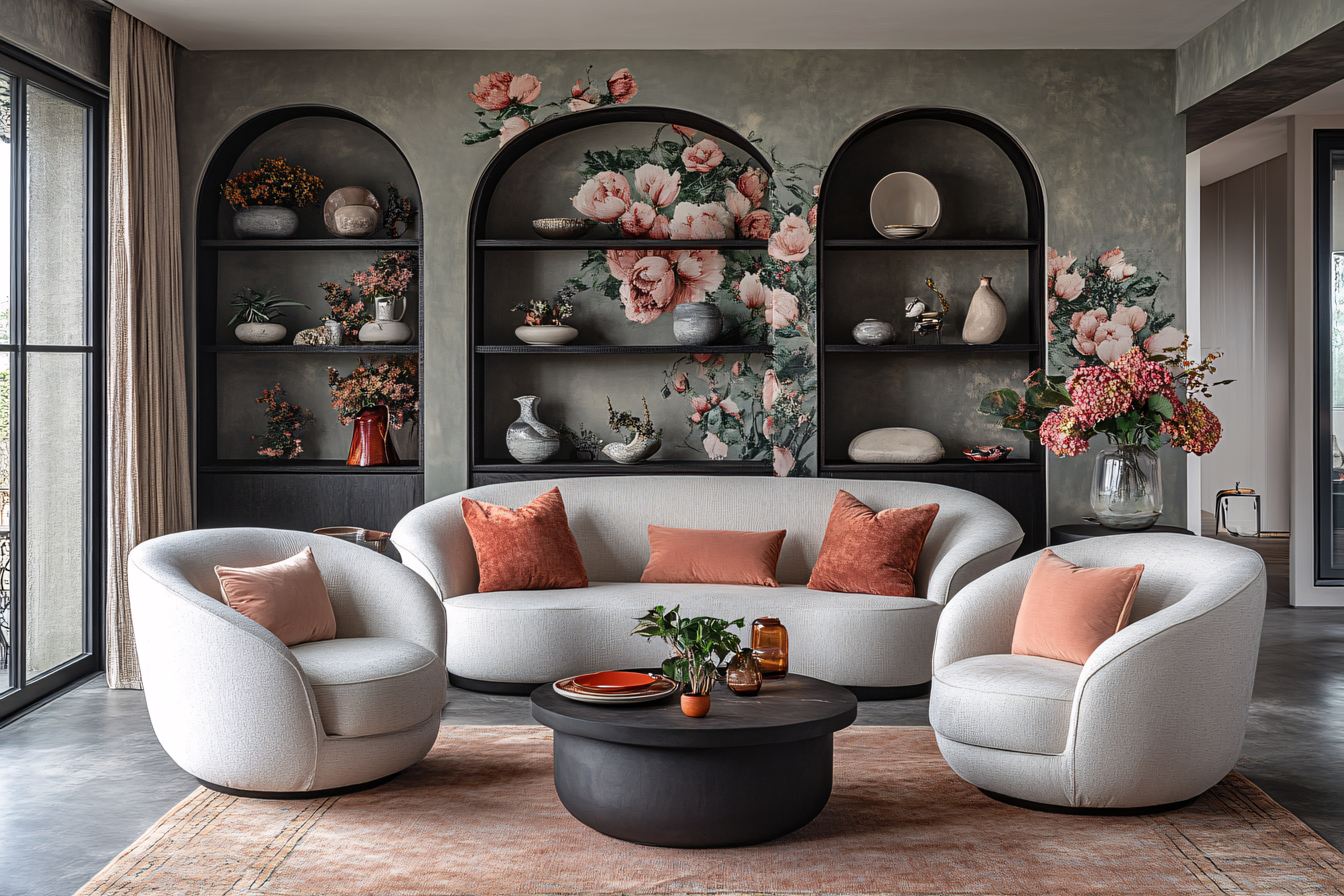 Elegant Living Room with Floral Wallpaper and Rounded Furniture