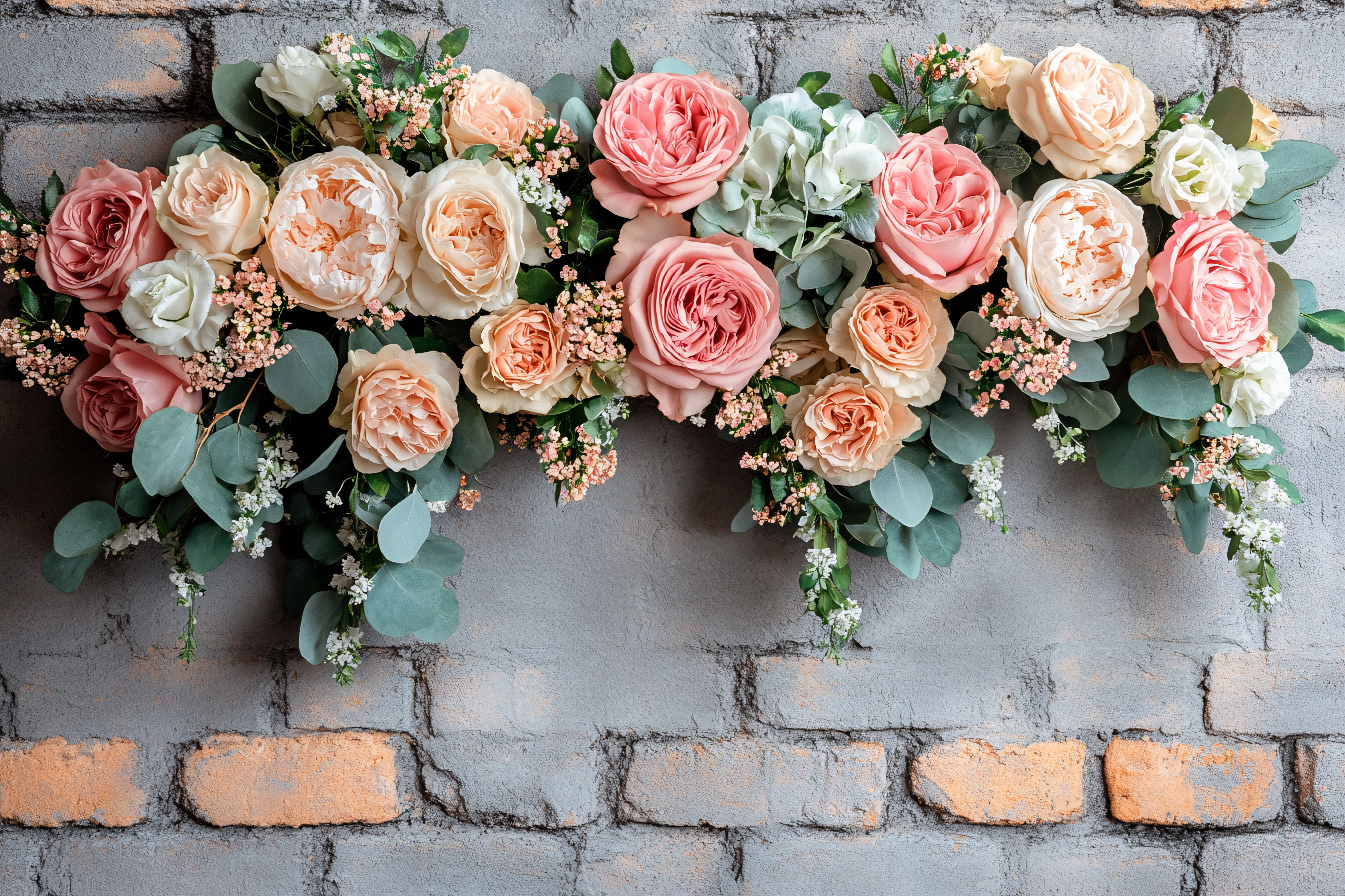 Elegant Rose and Eucalyptus Arrangement on Brick Wall