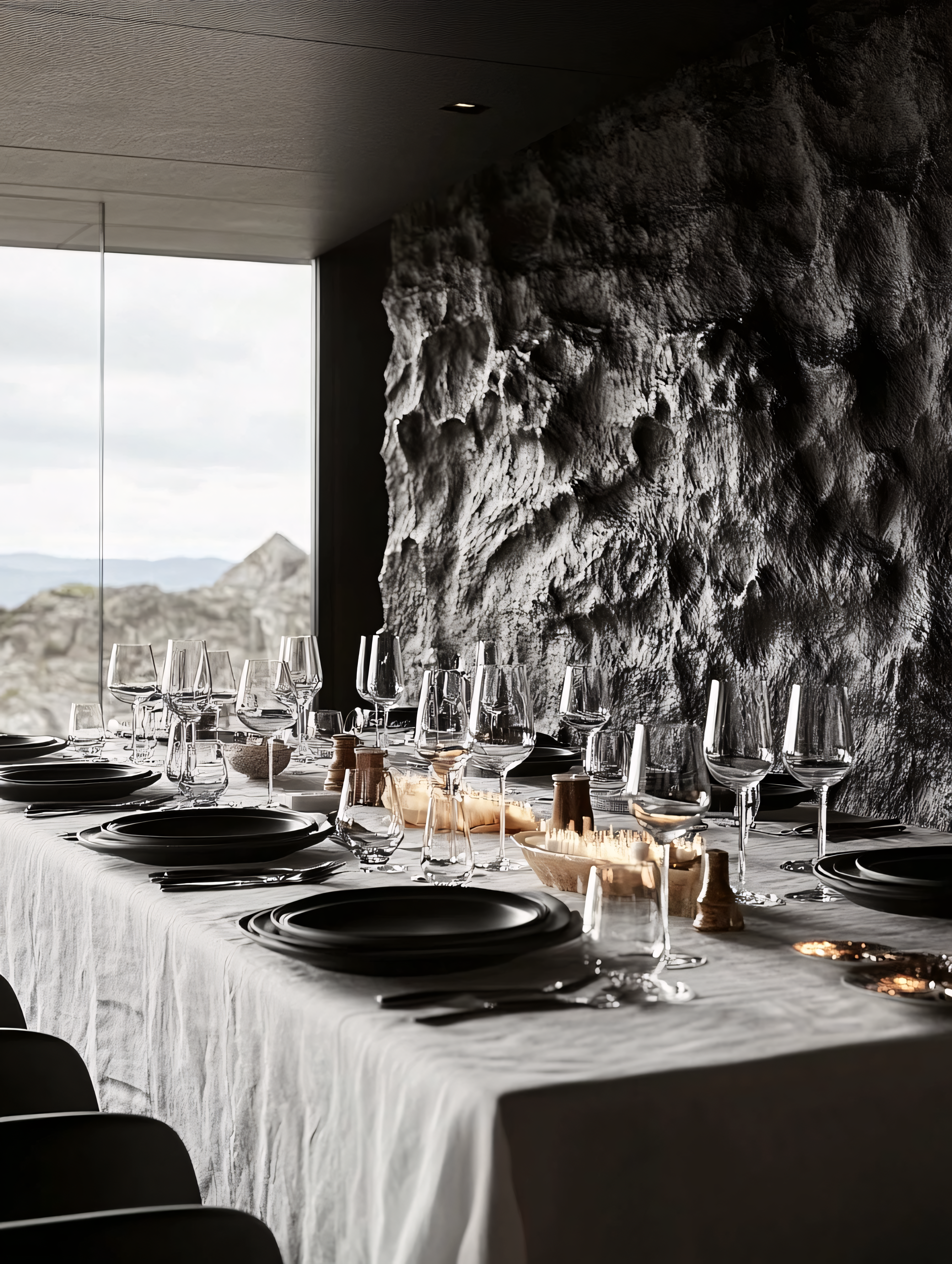 Elegant Table Setting with Stone Wall and Mountain View