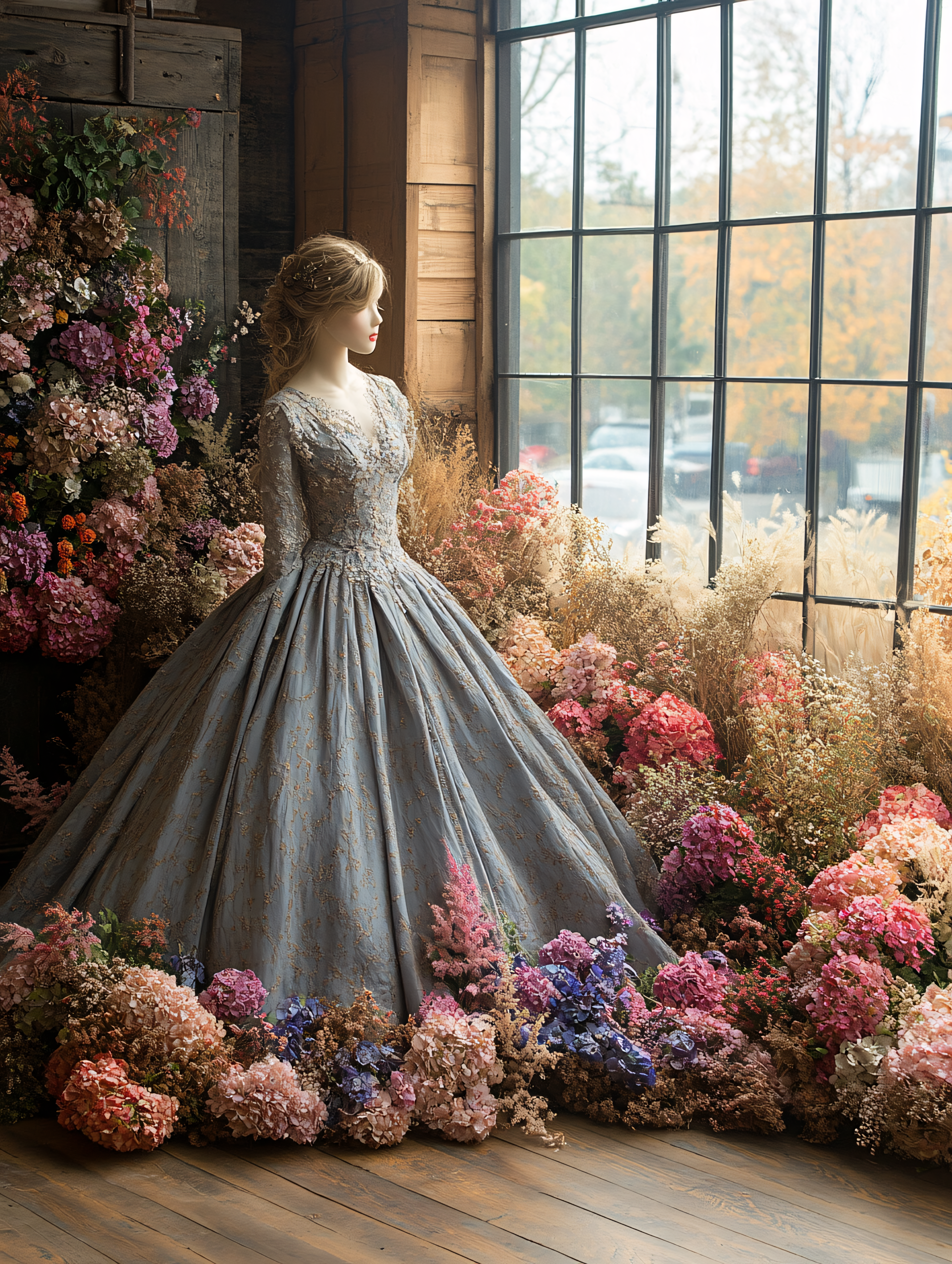Elegant Woman in Grey Gown Surrounded By Flowers