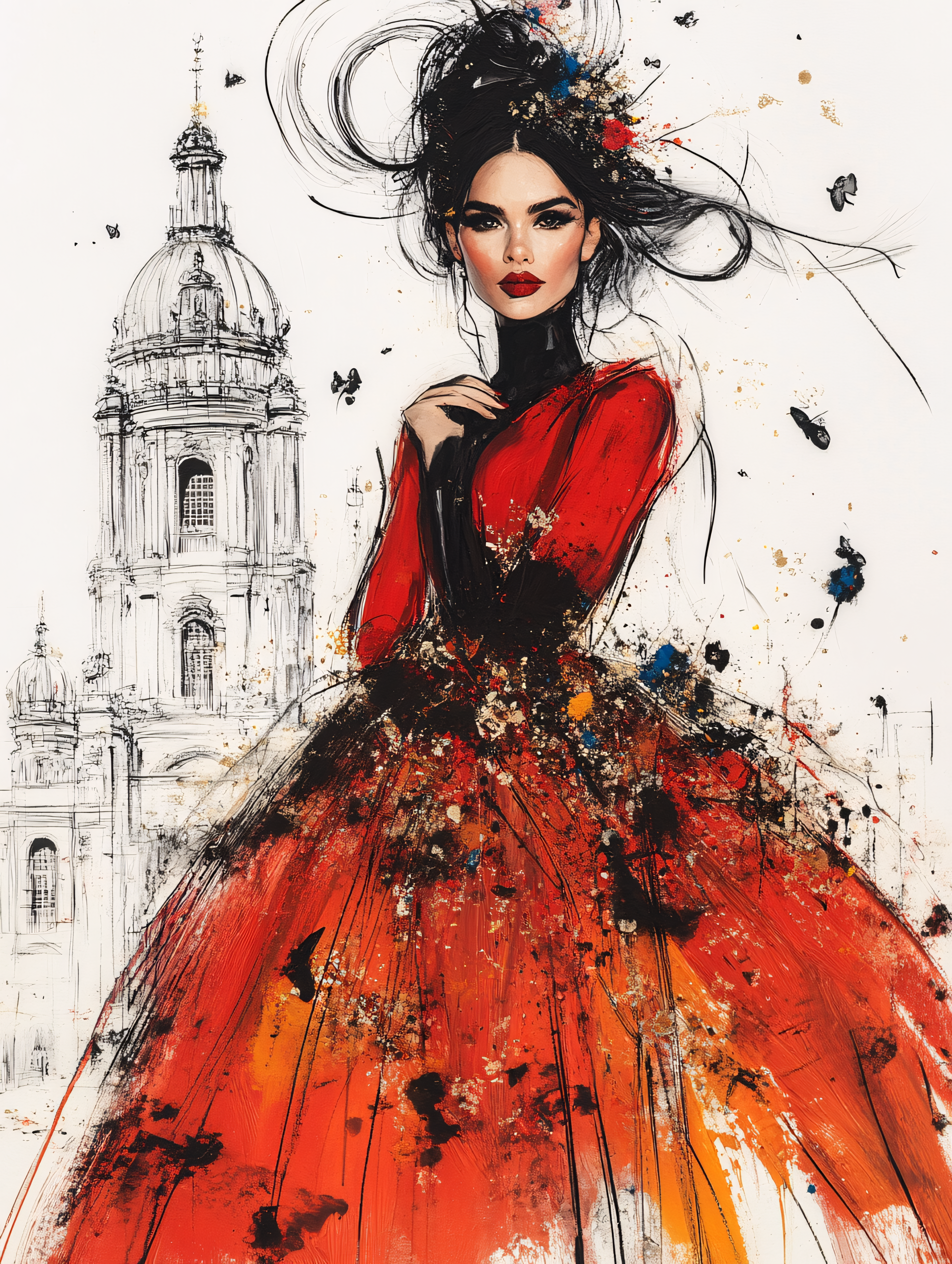 Elegant Woman In Red Dress With Architectural Background