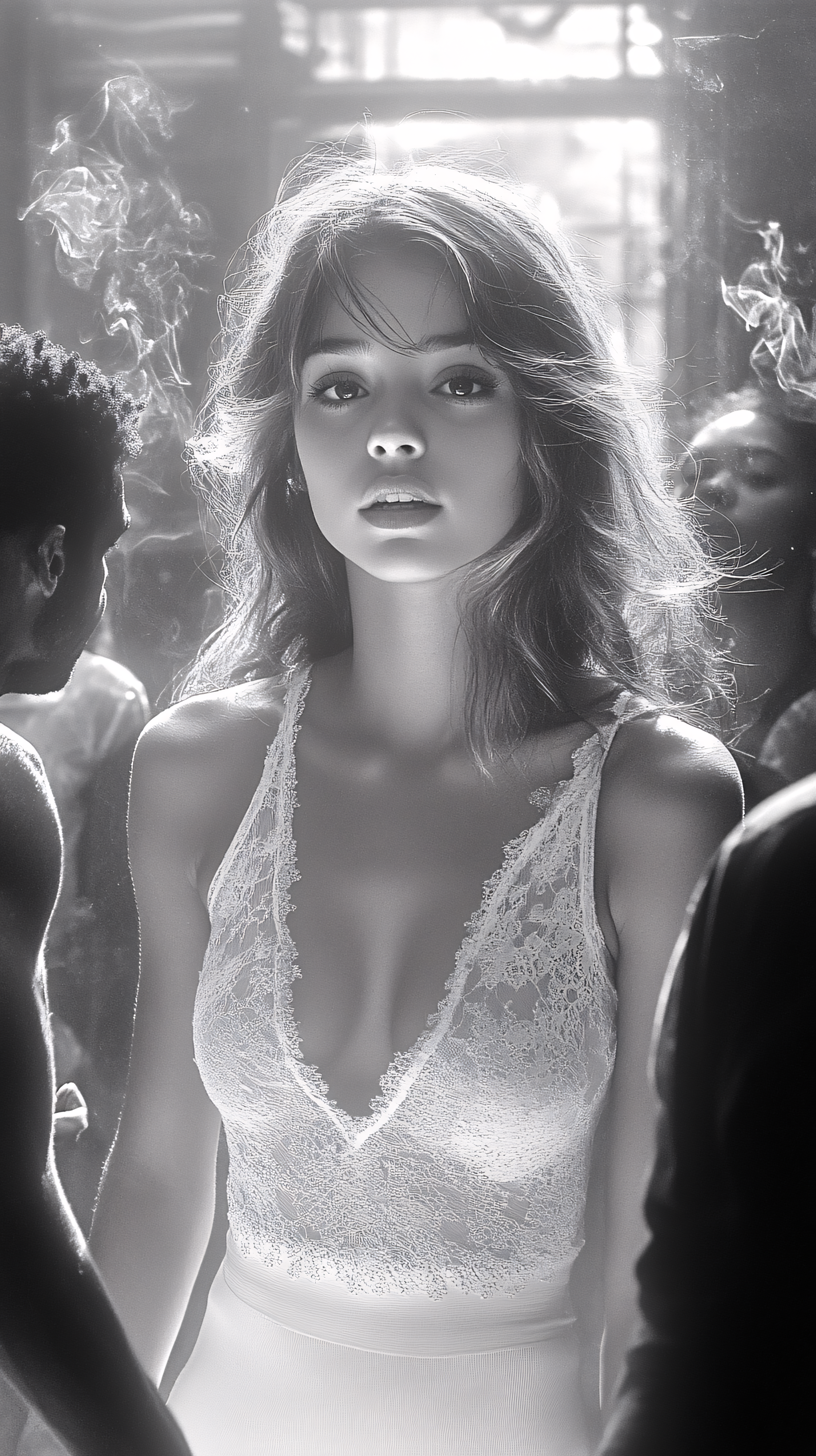 Elegant Woman in White Dress Surrounded by People